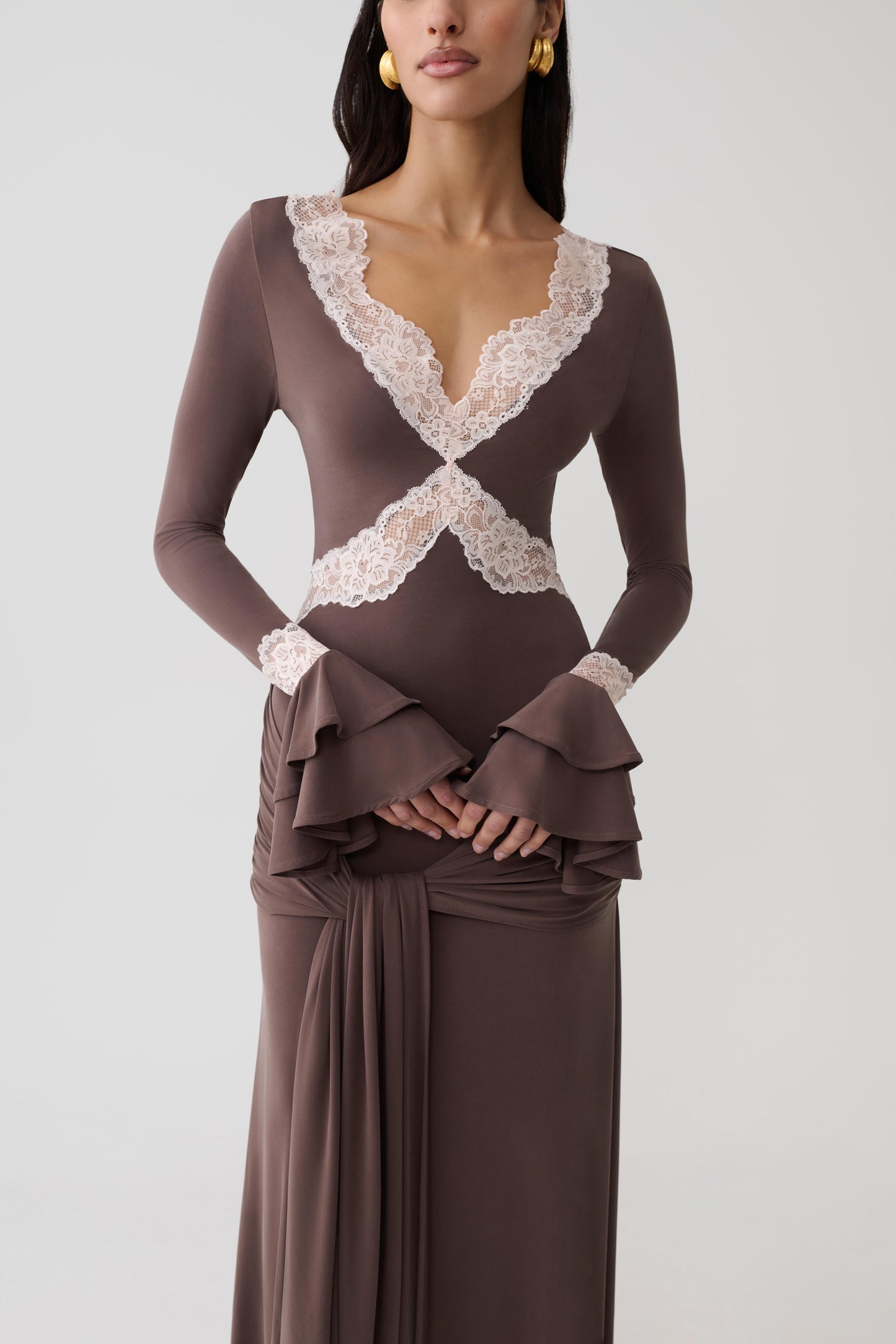 Electra Slinky Lace Maxi Dress - Chocolate/Ballet Pink