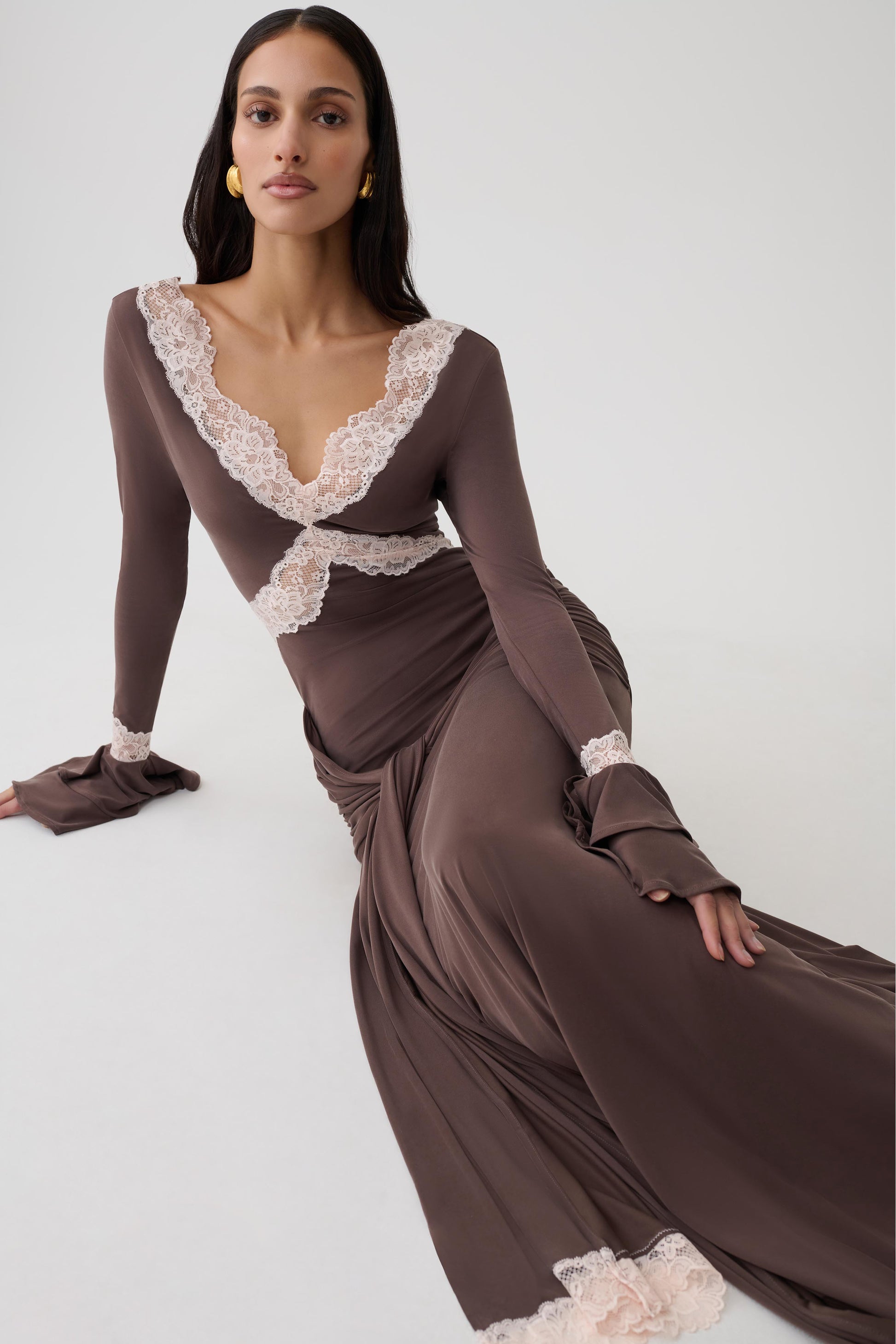 Electra Slinky Lace Maxi Dress - Chocolate/Ballet Pink #6