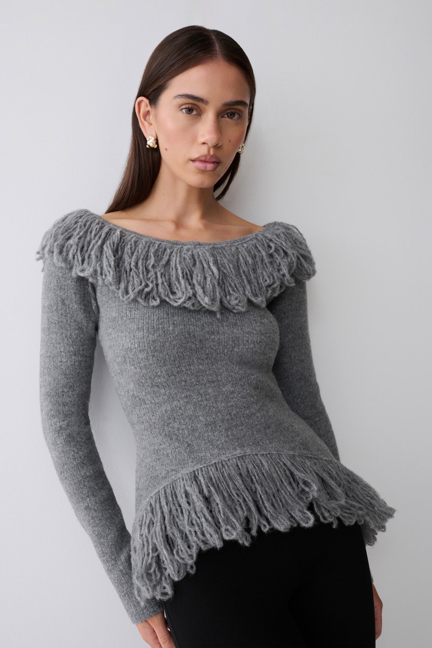 Sammie Fringe Knit Top - Charcoal