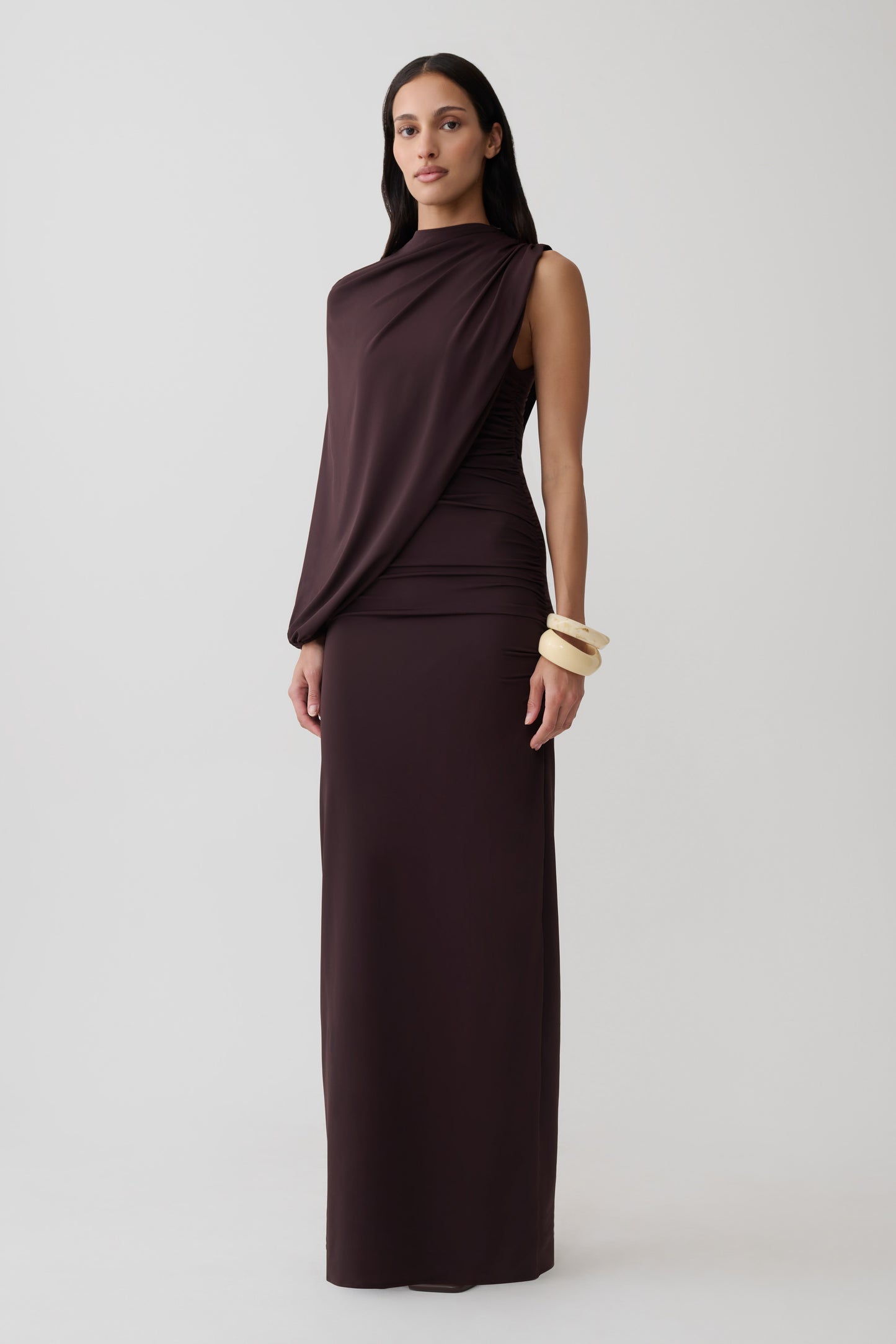 Yuri Gather Sleeve Maxi Dress - Chocolate