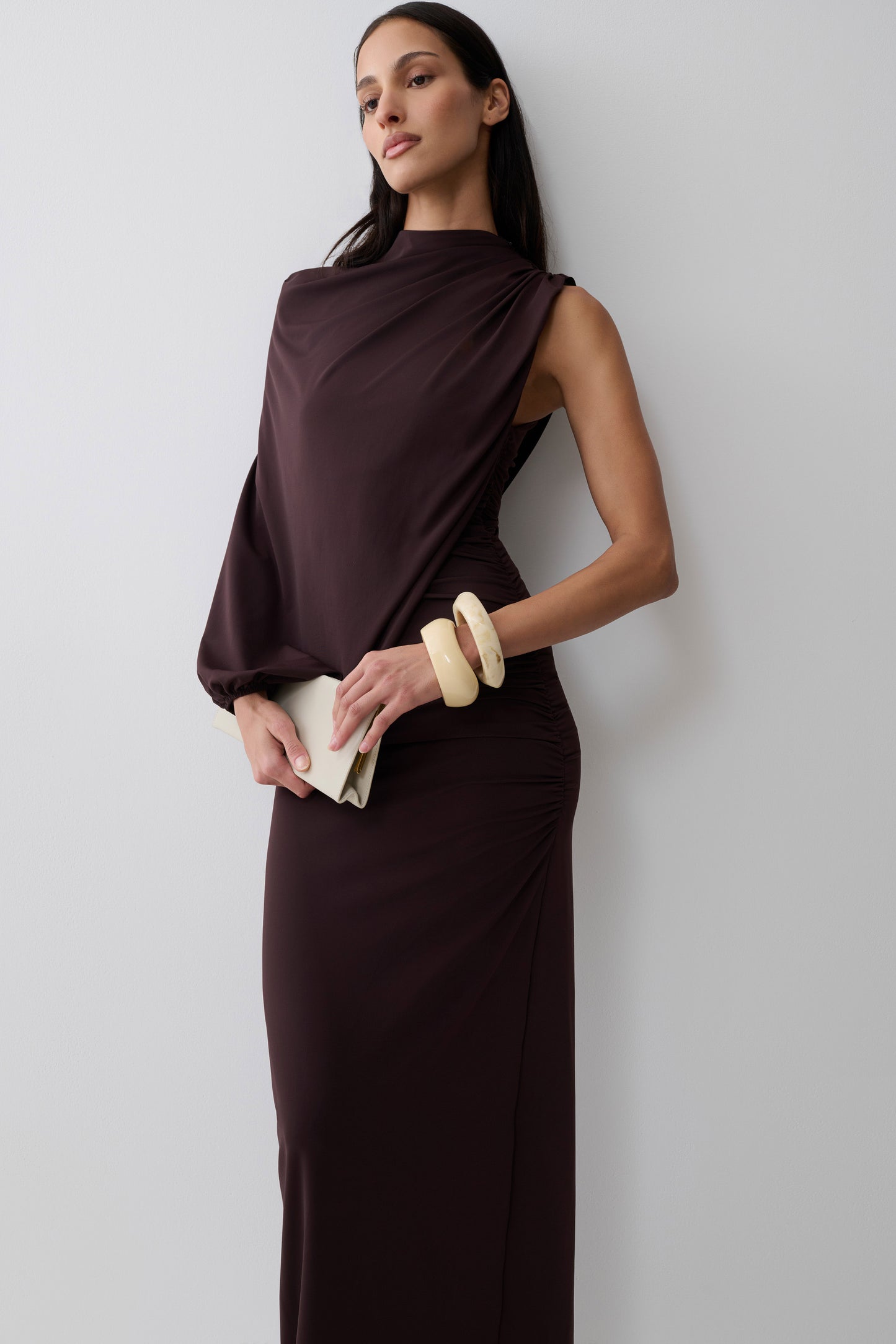 Yuri Gather Sleeve Maxi Dress - Chocolate