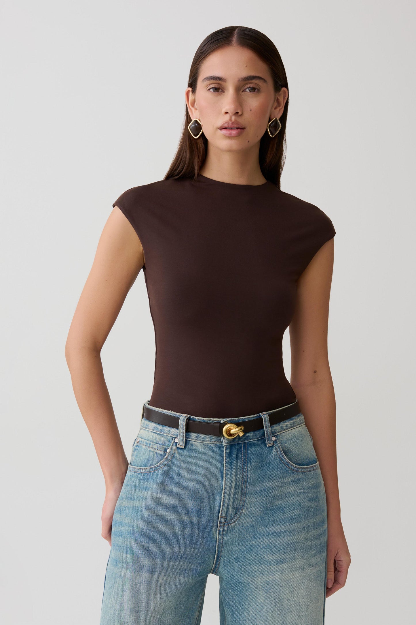 Chai Peached Jersey High Neck Top - Chocolate