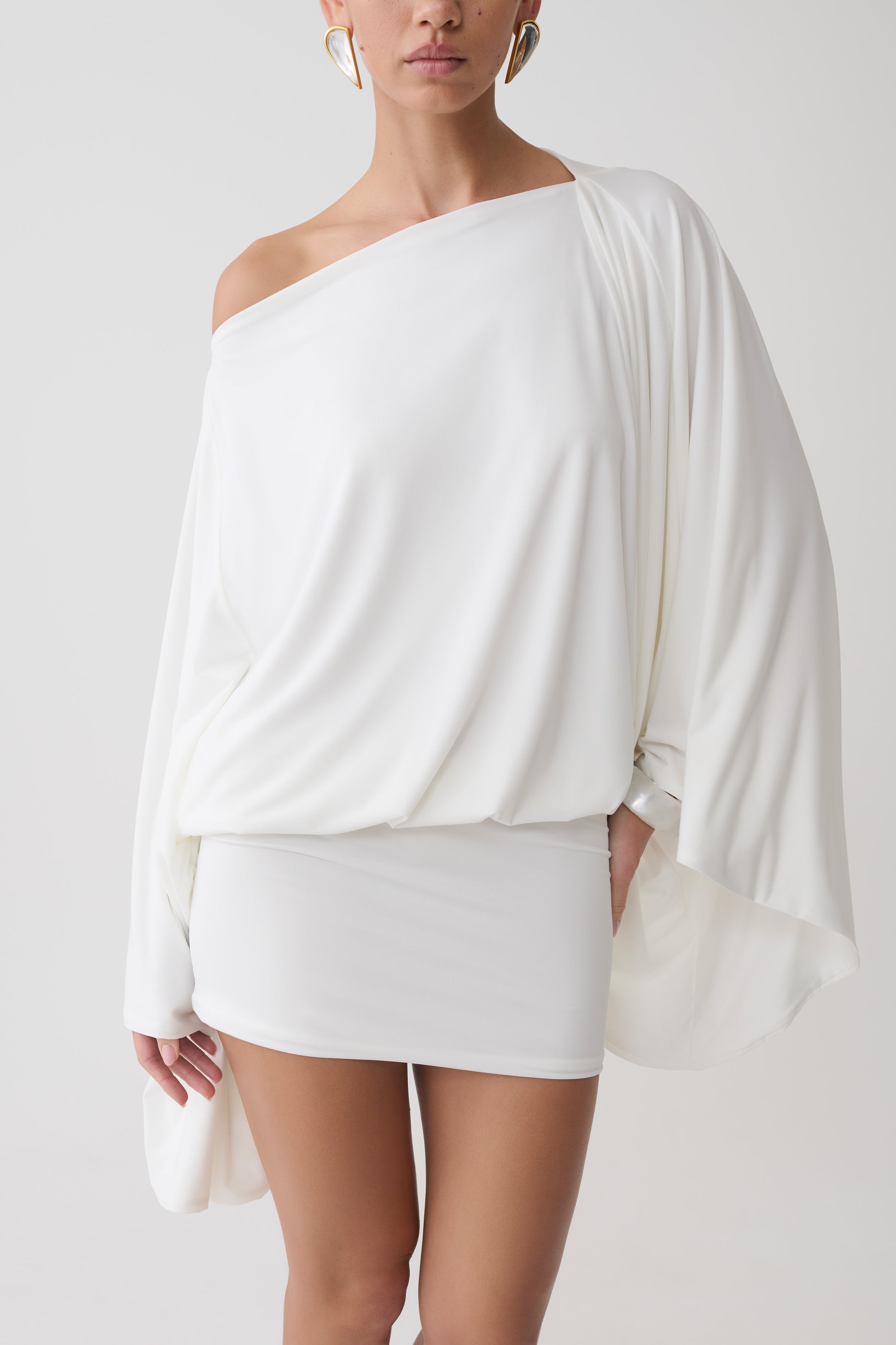 draped open-back mini dress in white Satin Open Back Dress in White