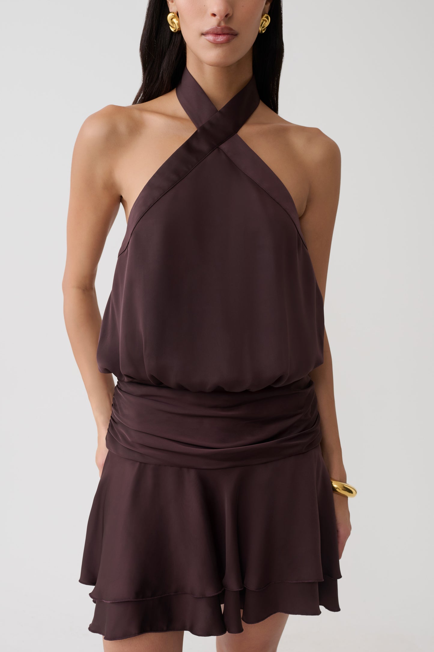 Poppy Satin Halter Mini Dress - Chocolate