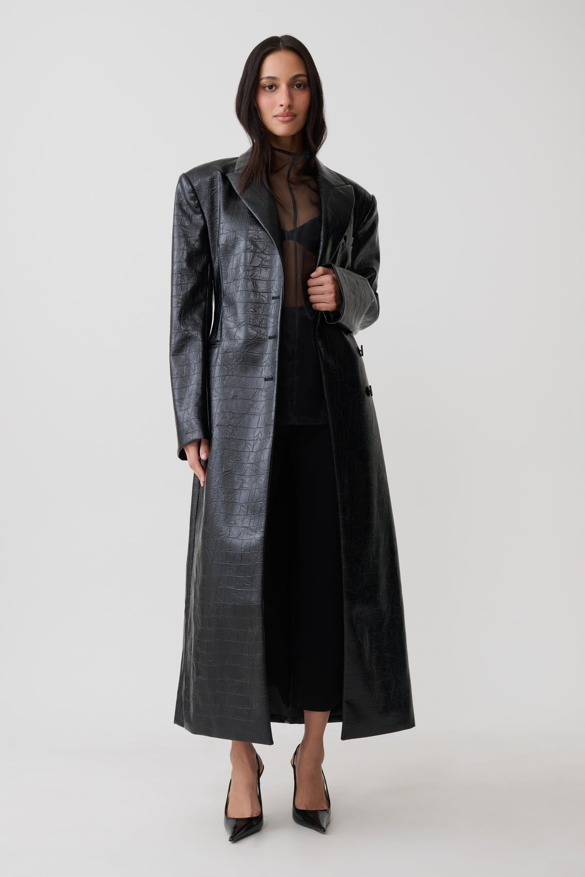 Rundy Croc Faux Leather Coat - Black