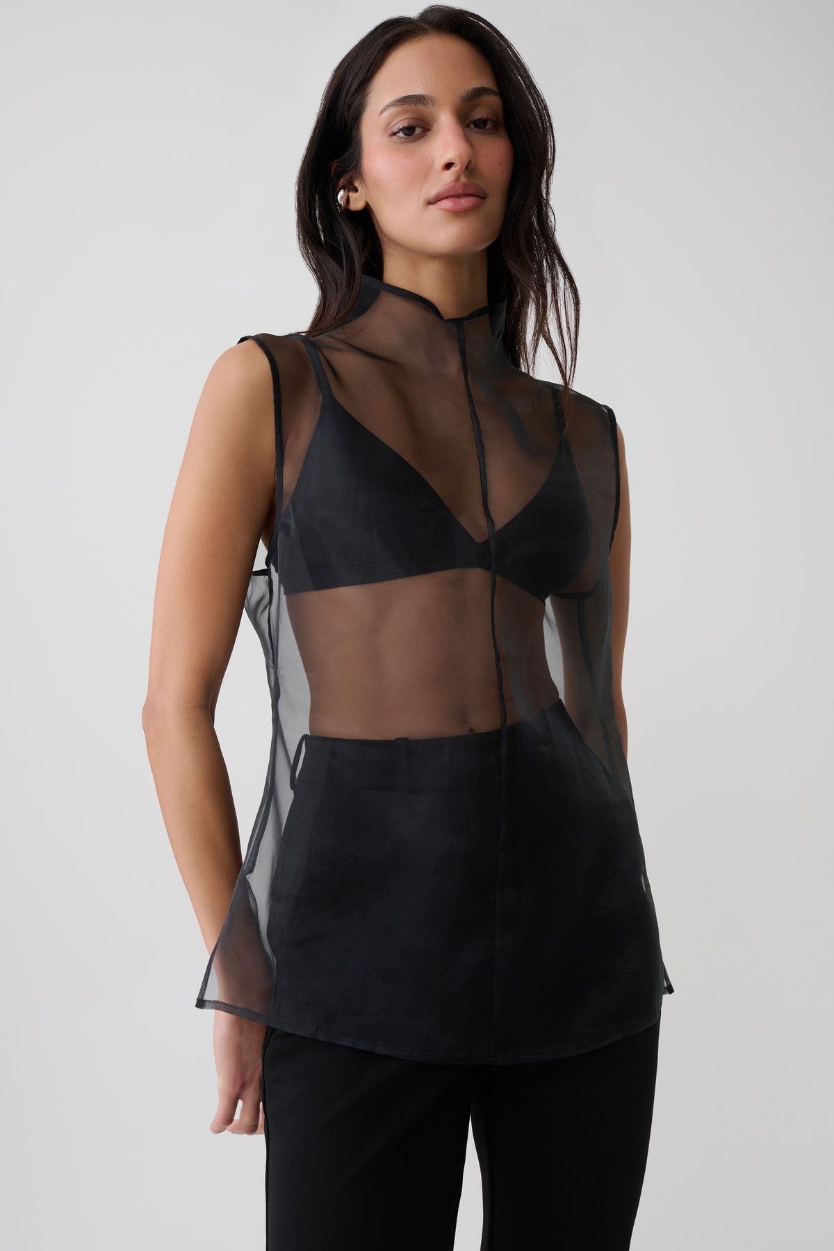 Lillian High Neck Sheer Sleeveless Top - Black #3