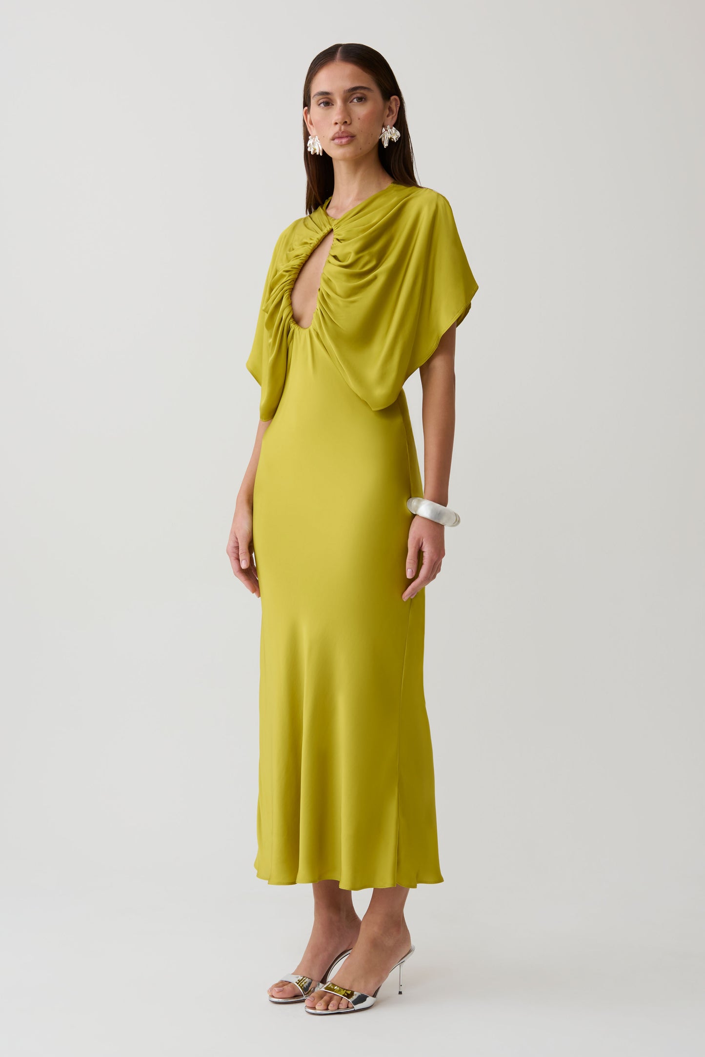 Mona Cut Out Satin Midi Dress - Chartreuse