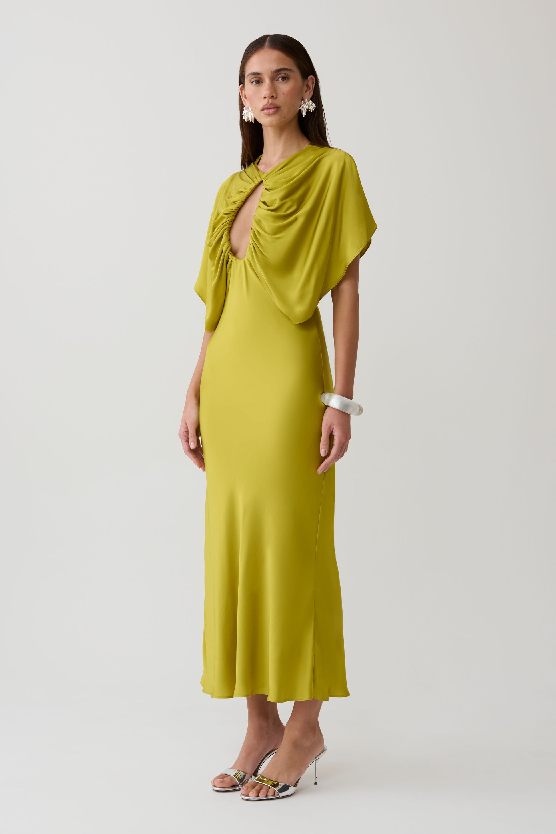 Mona Cut Out Satin Midi Dress - Chartreuse #6