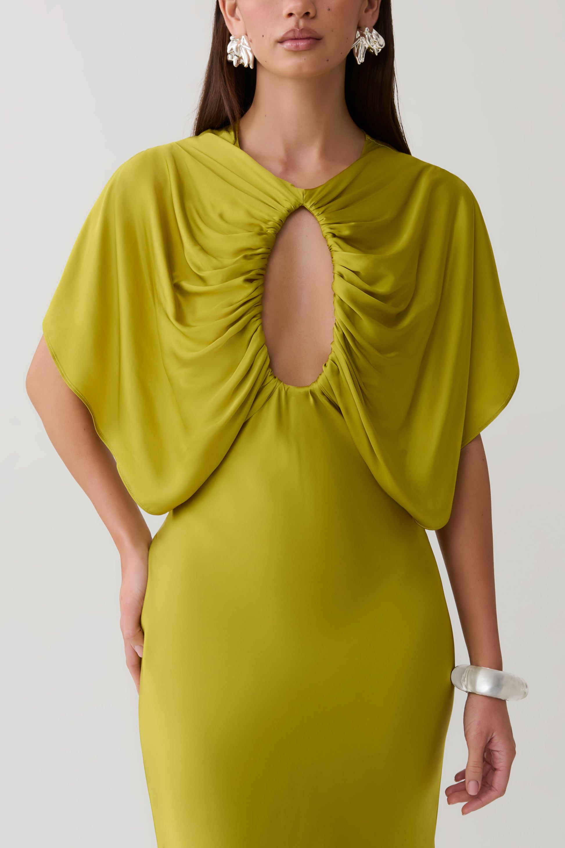 Mona Cut Out Satin Midi Dress - Chartreuse #3