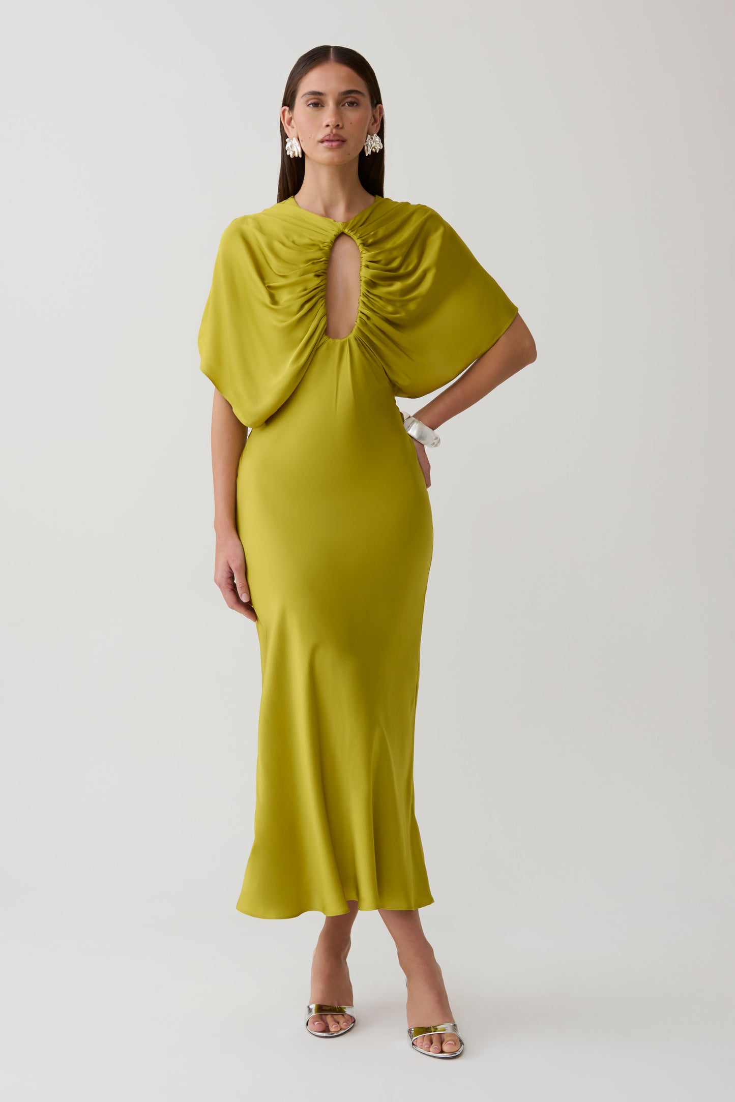 Mona Cut Out Satin Midi Dress - Chartreuse