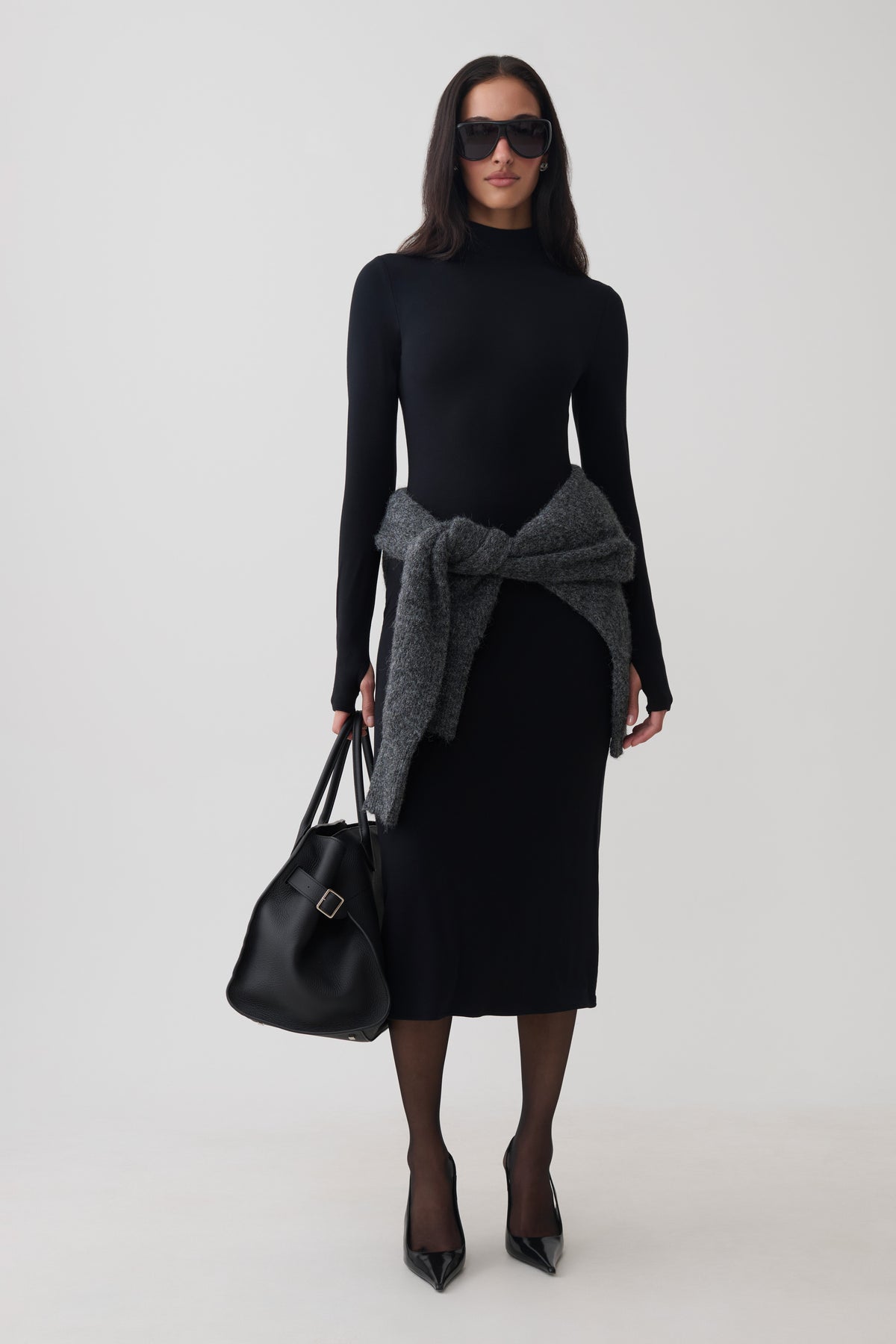 Noelle Longsleeve Roll Neck Midi Dress - Black