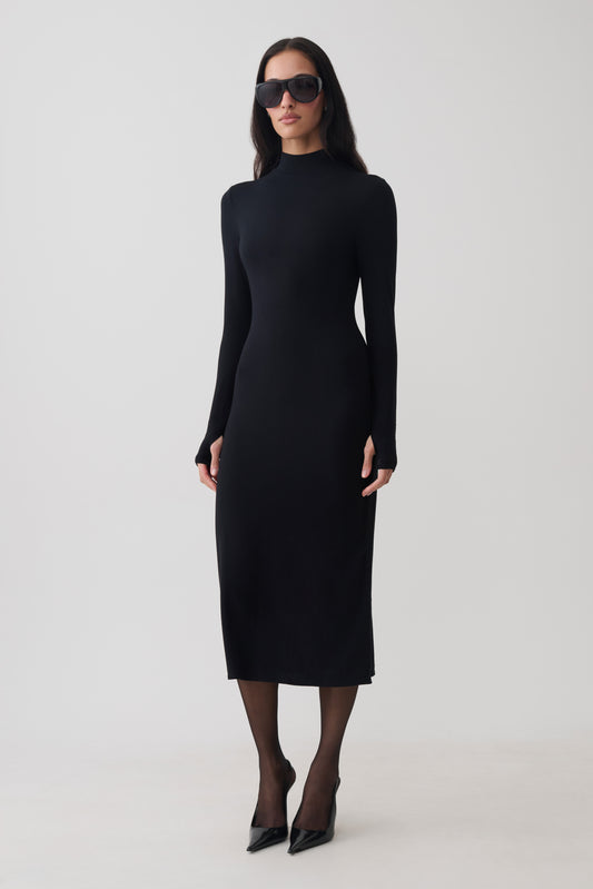 Noelle Longsleeve Roll Neck Midi Dress - Black