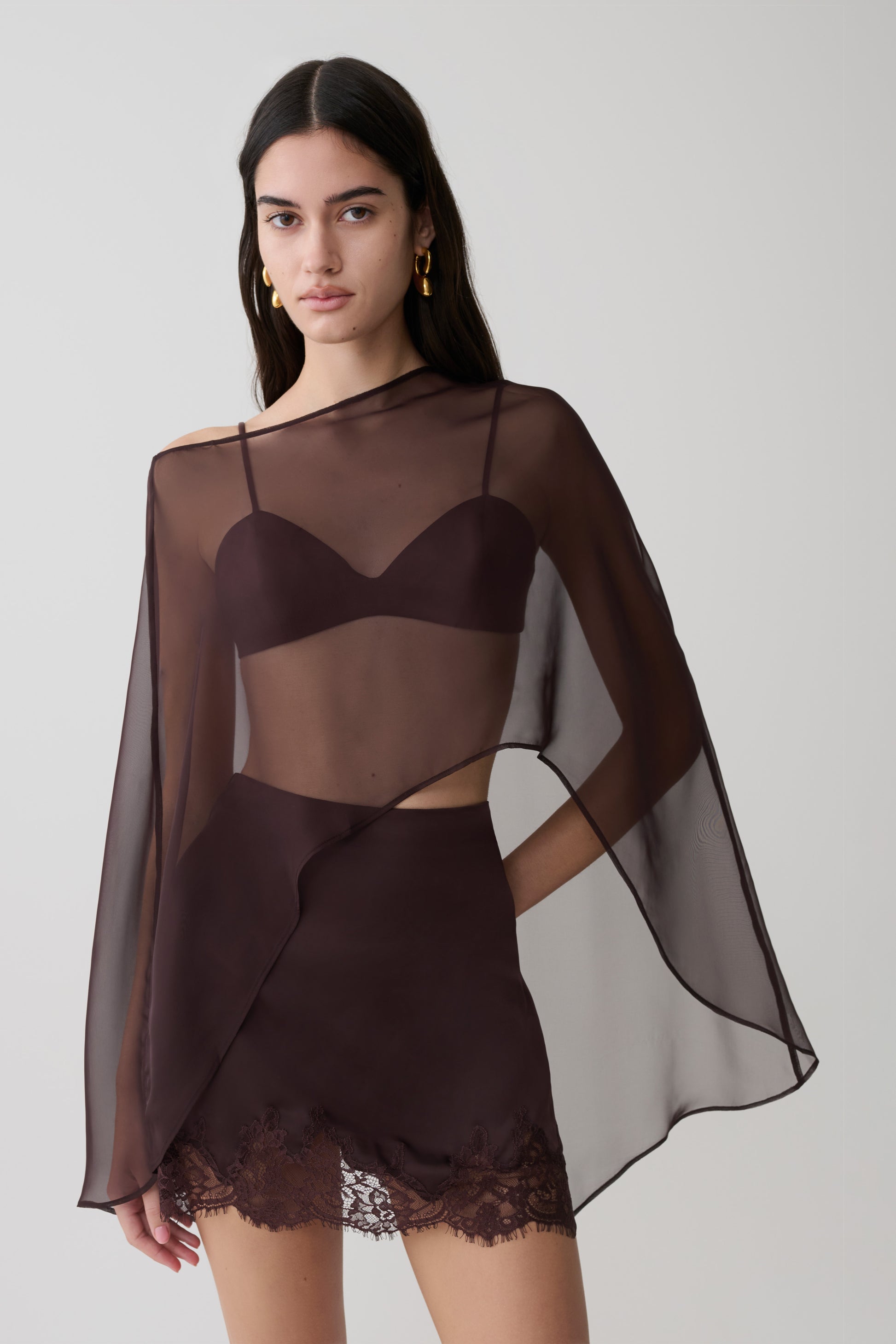 Kirstine Bralette With Chiffon Cape - Chocolate #3