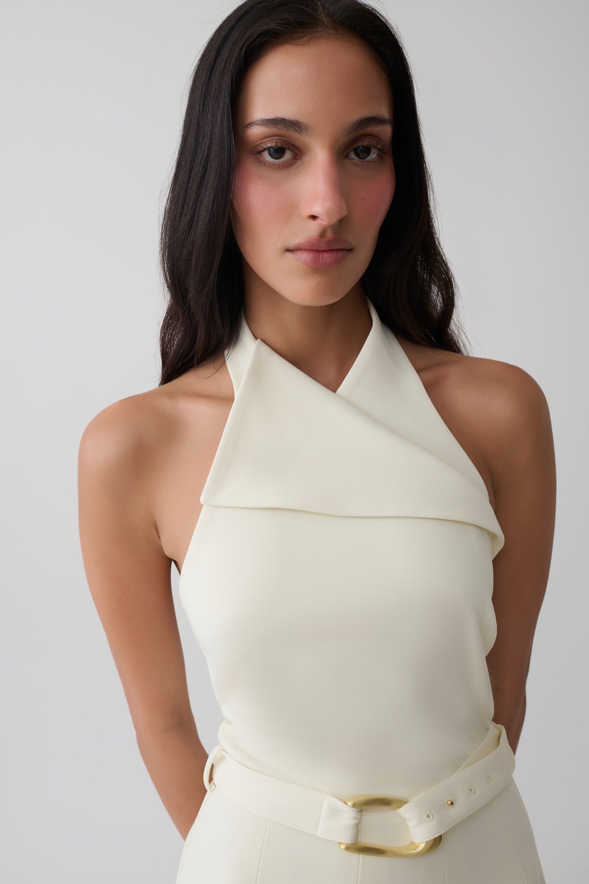 Alecto Crepe Halter Midi Dress With Belt - Ivory #3