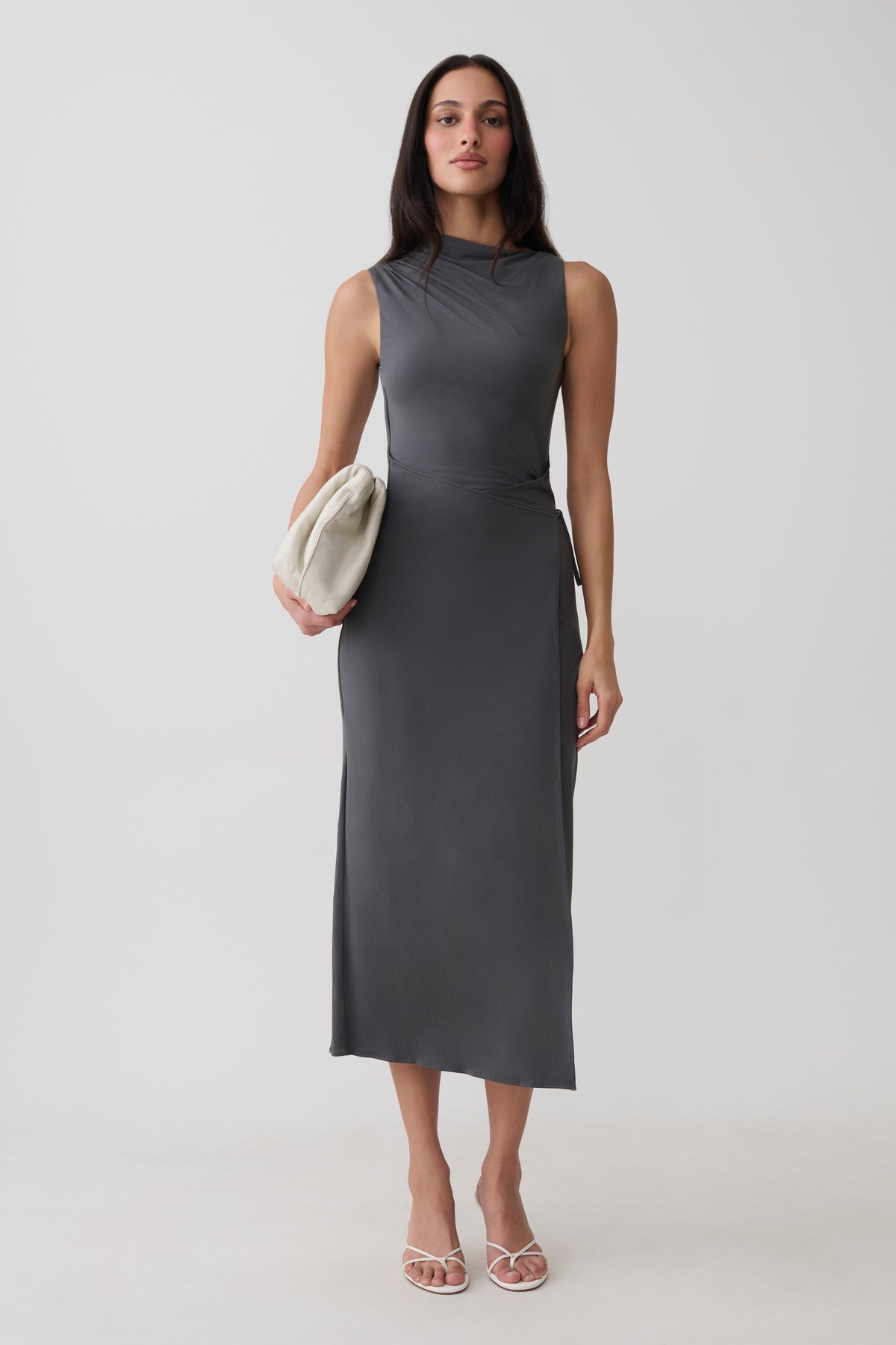 Euphemia Cupro Midi Wrap Dress - Charcoal #4