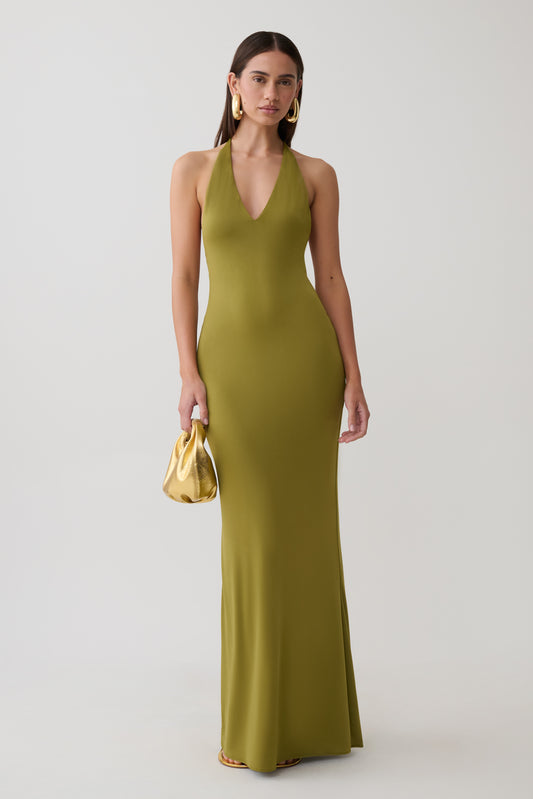 Hana Slinky Plunge Maxi Dress - Martini Olive