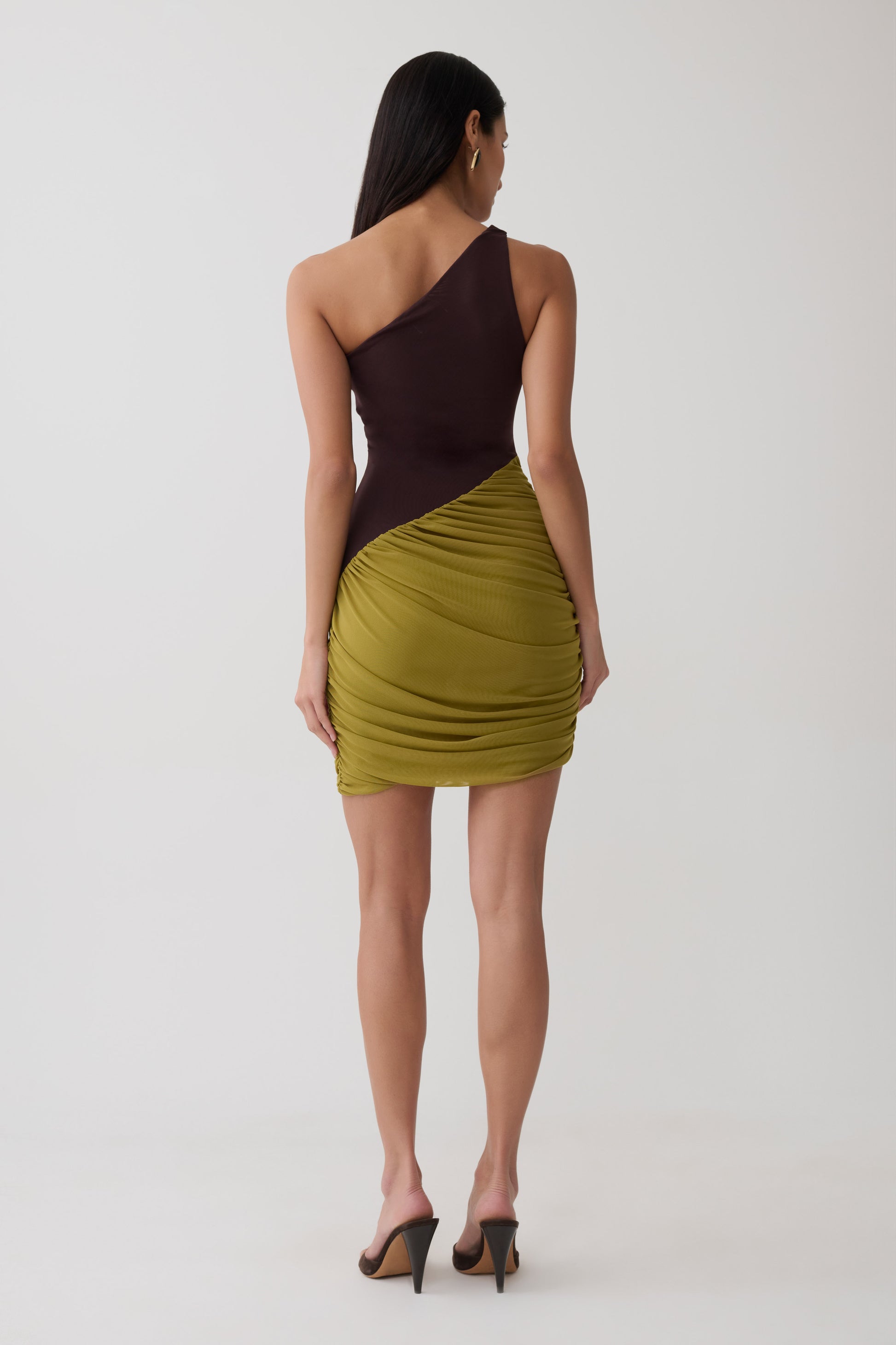 Halo Asymmetric Two Toned Mini Dress - Green/Chocolate #2
