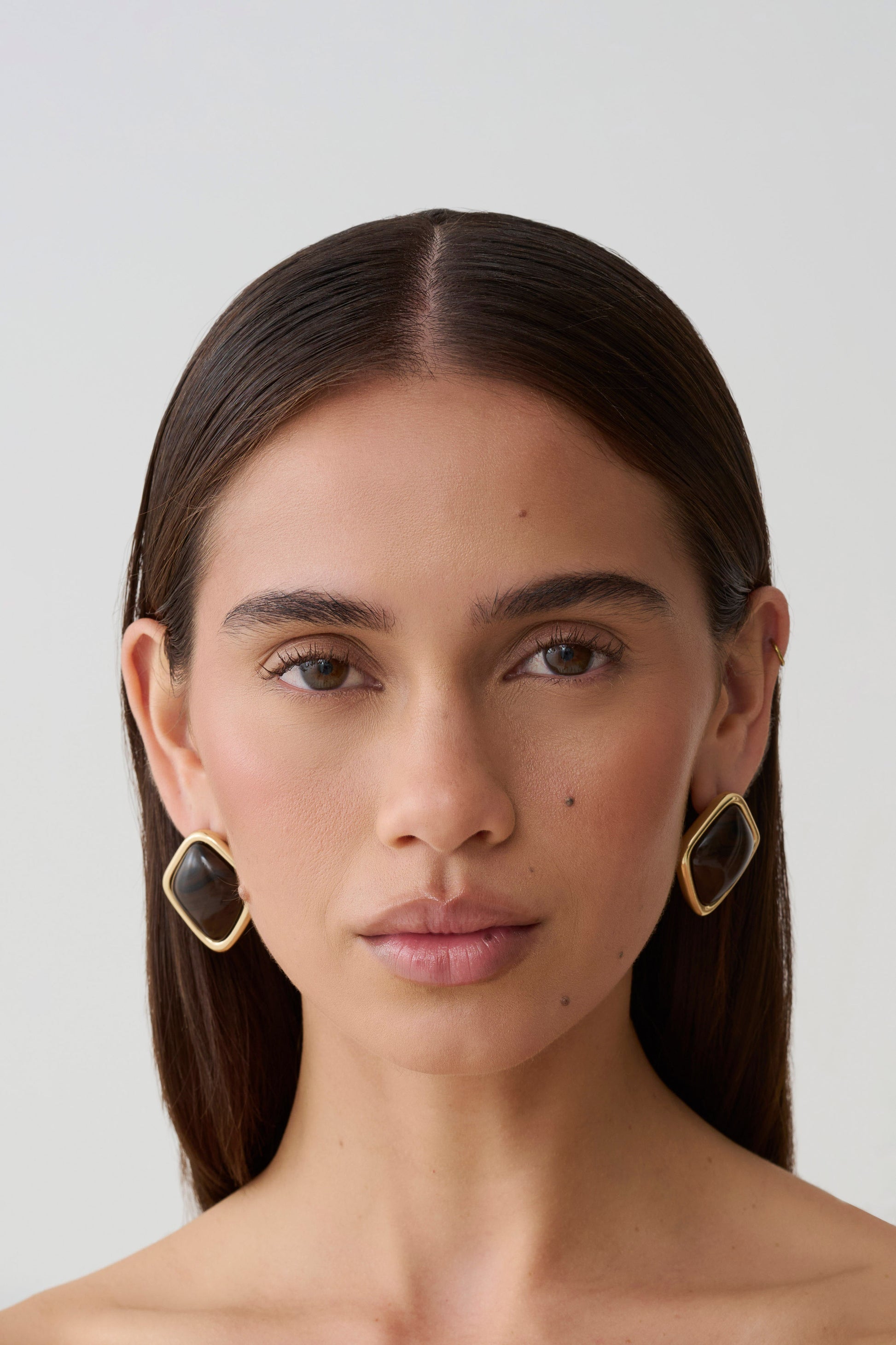 Justice Framed Stone Stud Earring - Gold/Brown #4