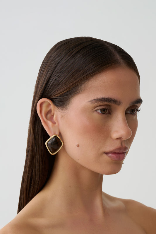 Justice Framed Stone Stud Earring - Gold/Brown