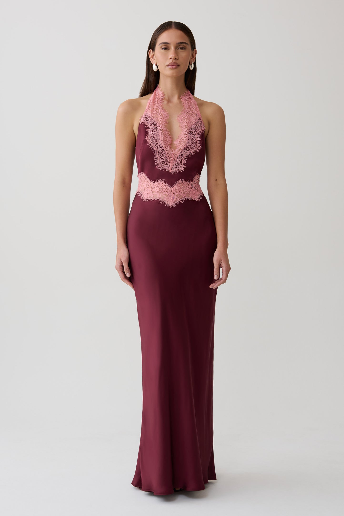 Louise Satin And Lace Maxi Dress - Burgundy