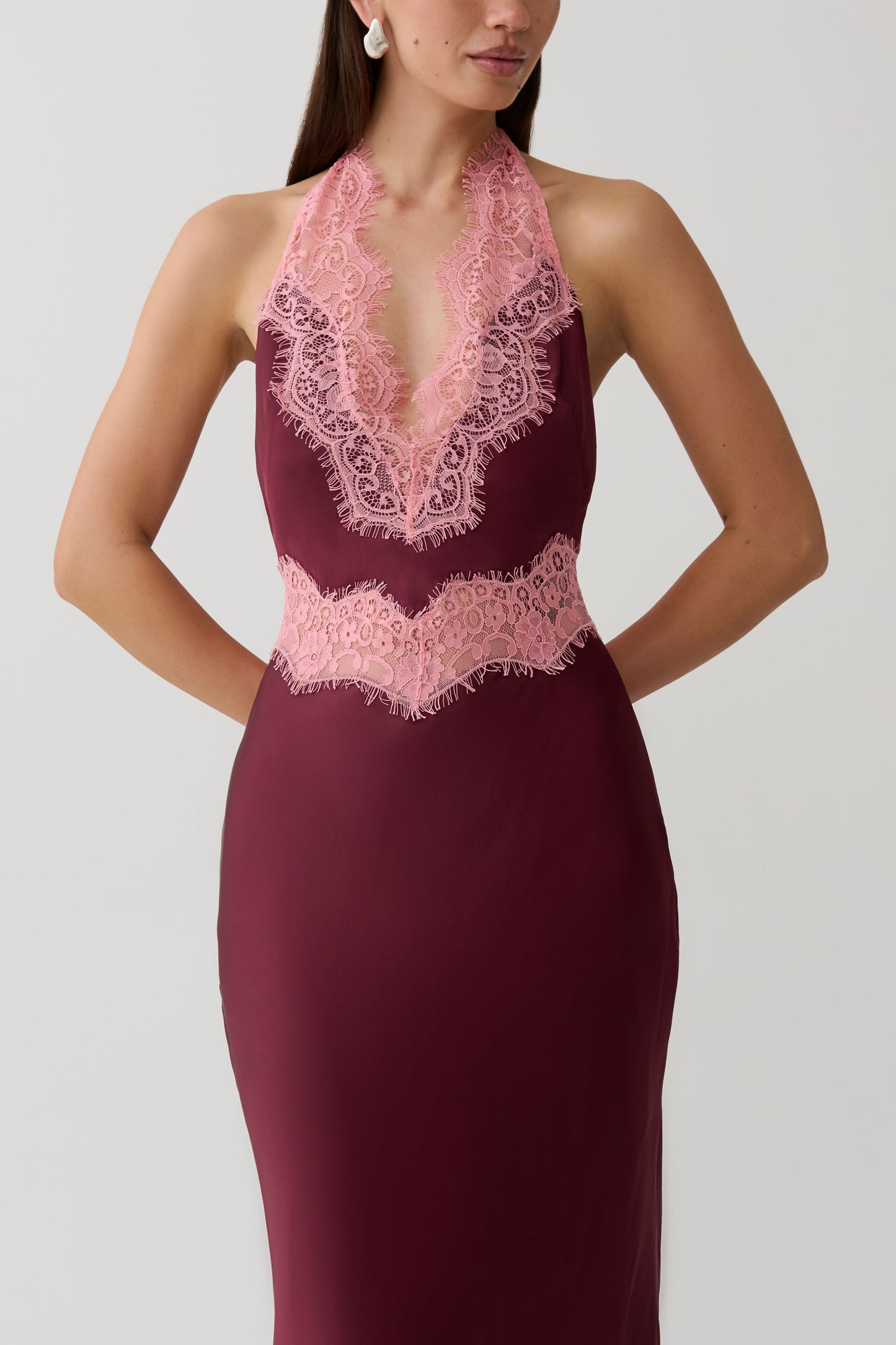 Louise Satin And Lace Maxi Dress - Burgundy