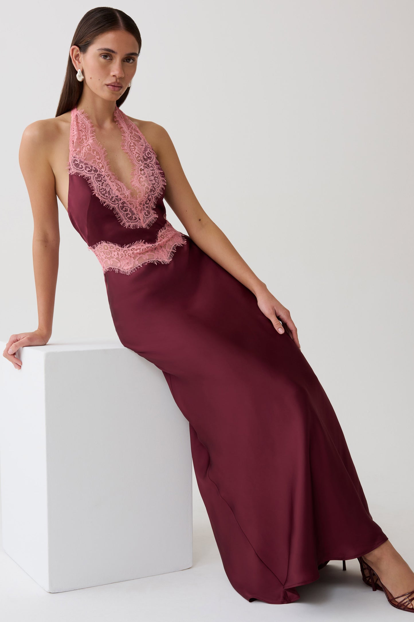 Louise Satin And Lace Maxi Dress - Burgundy