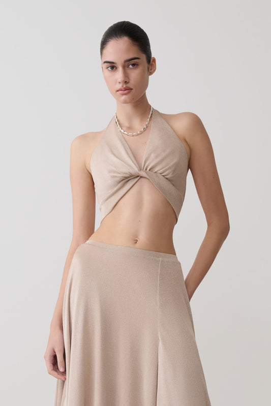 Nola Draped Lurex Halter Top - Gold