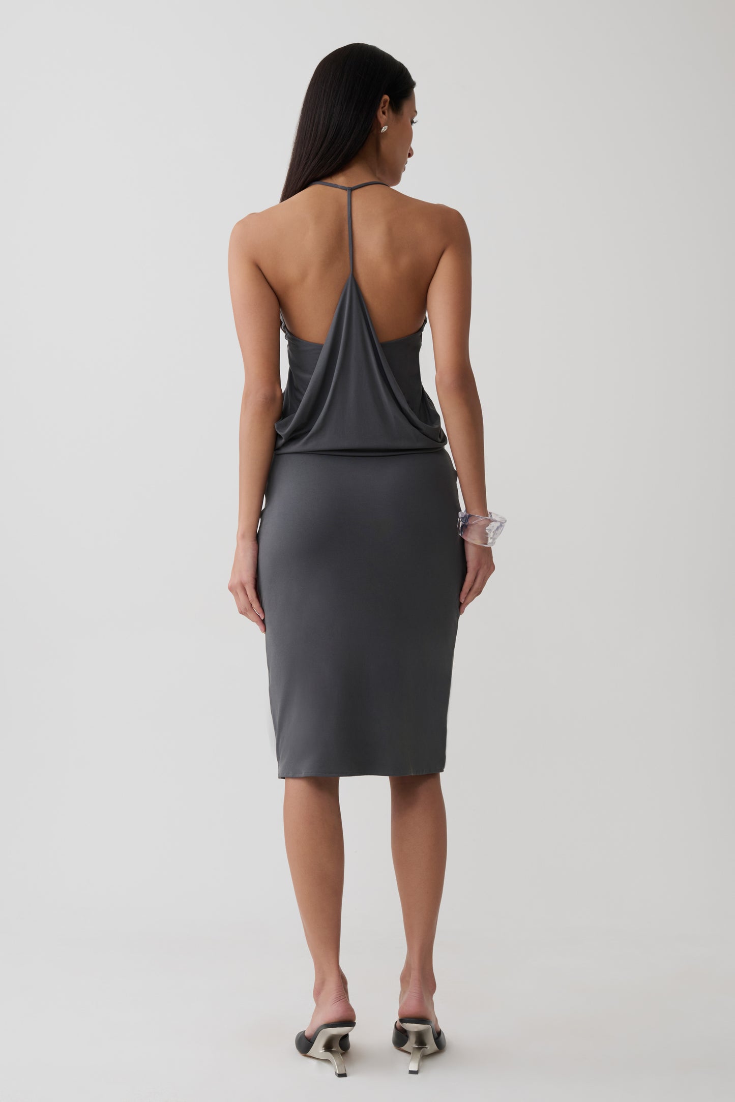 Fenn Peached Jersey Draped Back Top - Charcoal