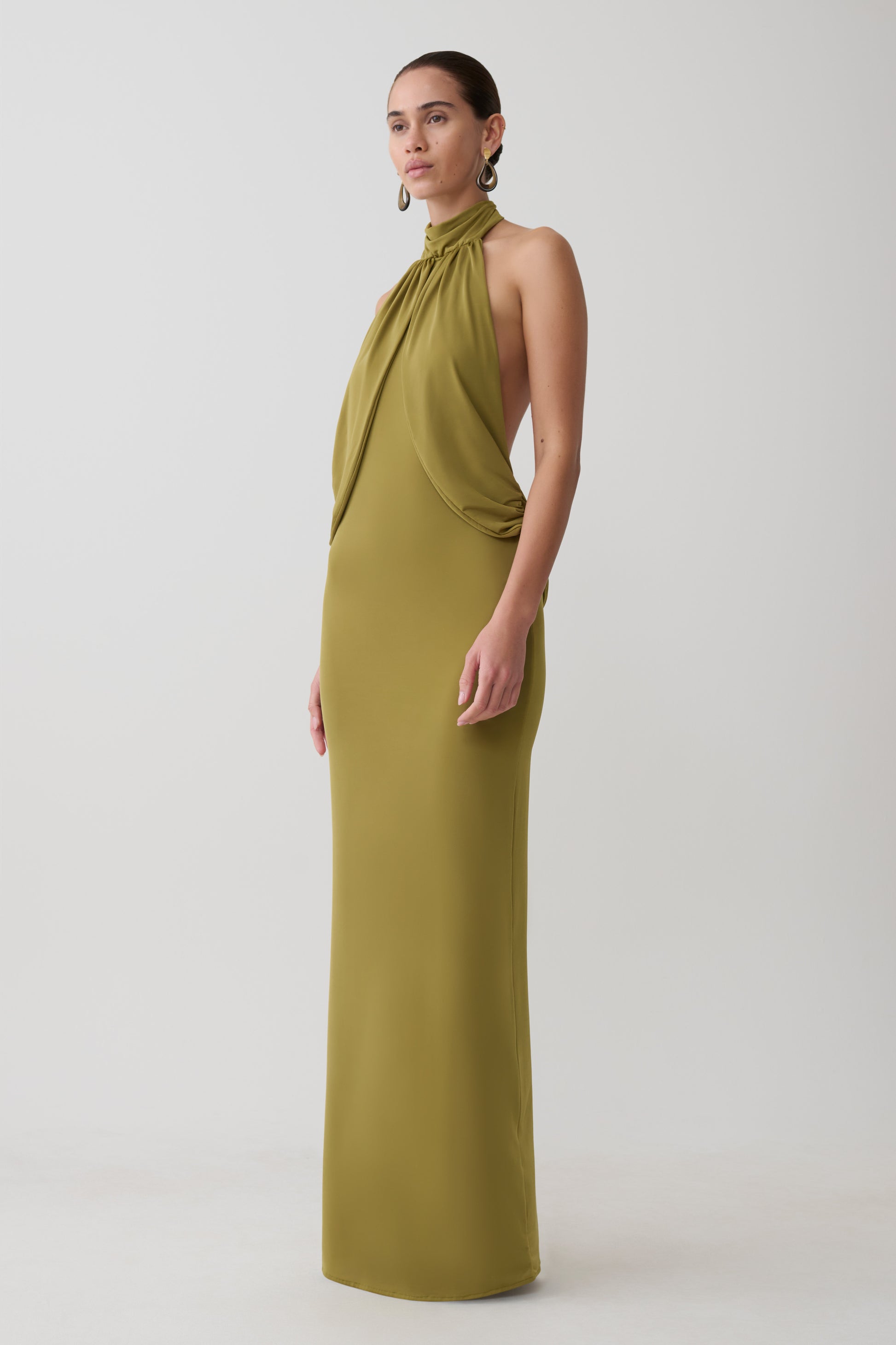 Joan Halter Neck Slinky Maxi Dress - Martini Olive #5