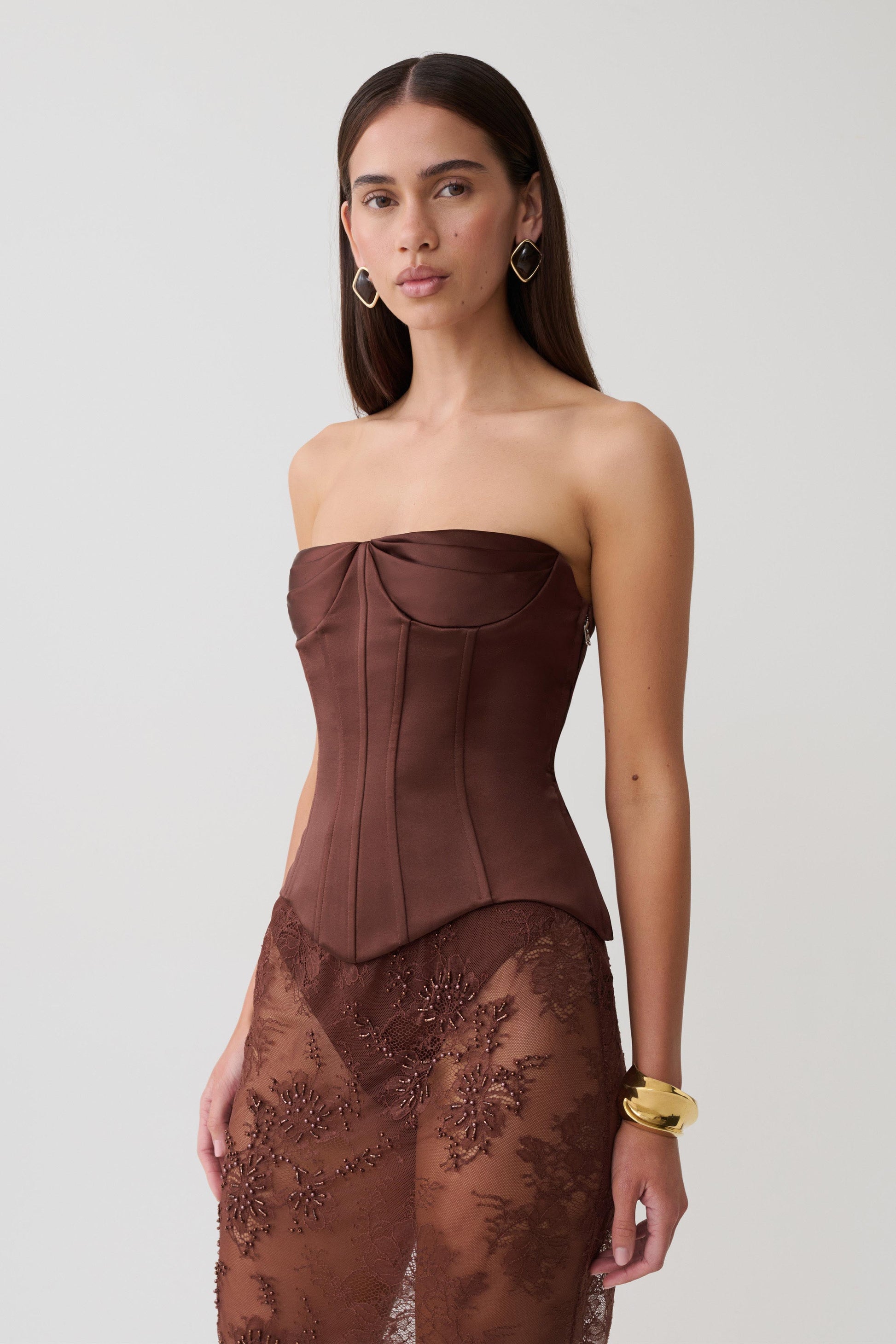 Nicolla Satin Strapless Corset - Dark Chocolate #5