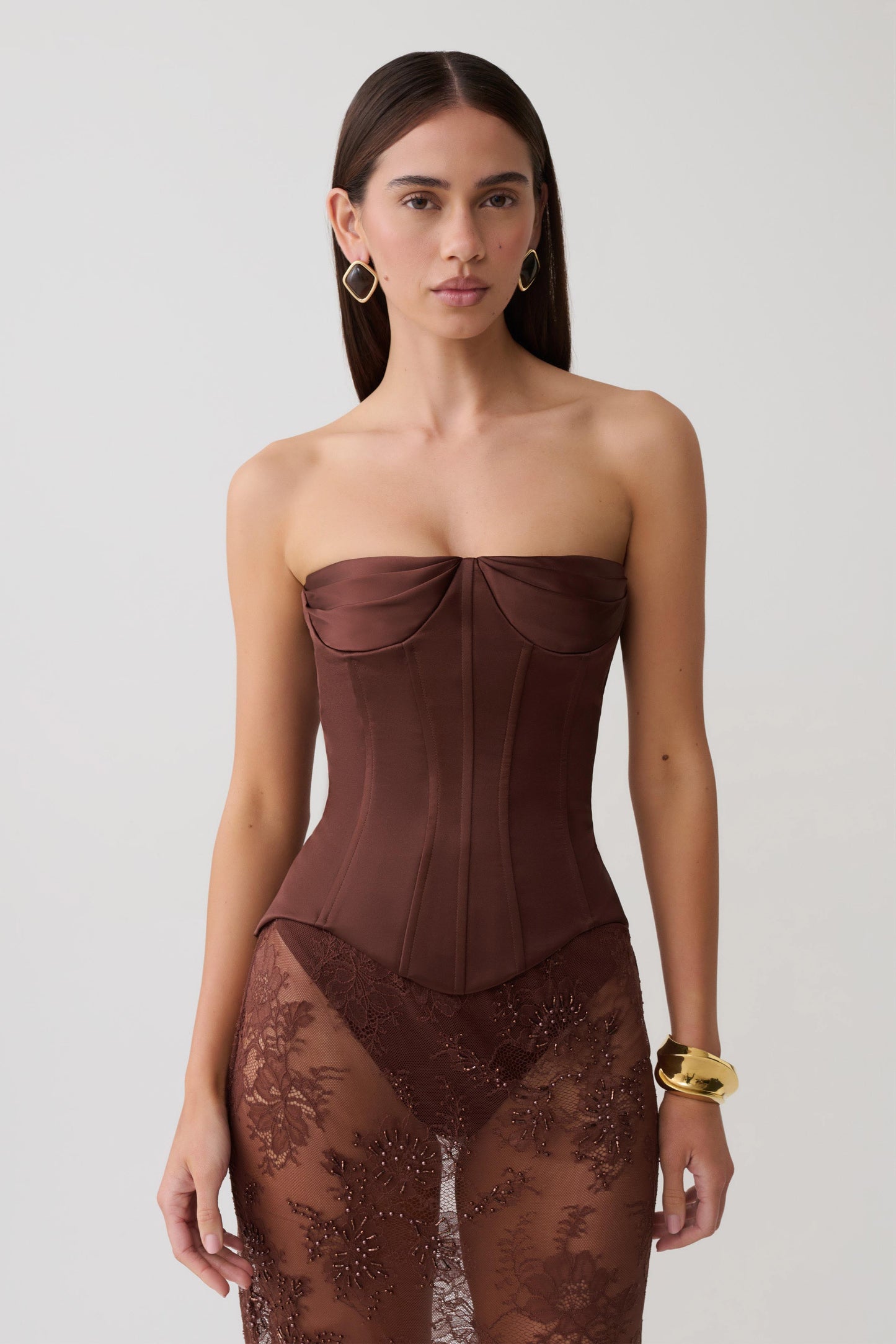 Nicolla Satin Strapless Corset - Dark Chocolate