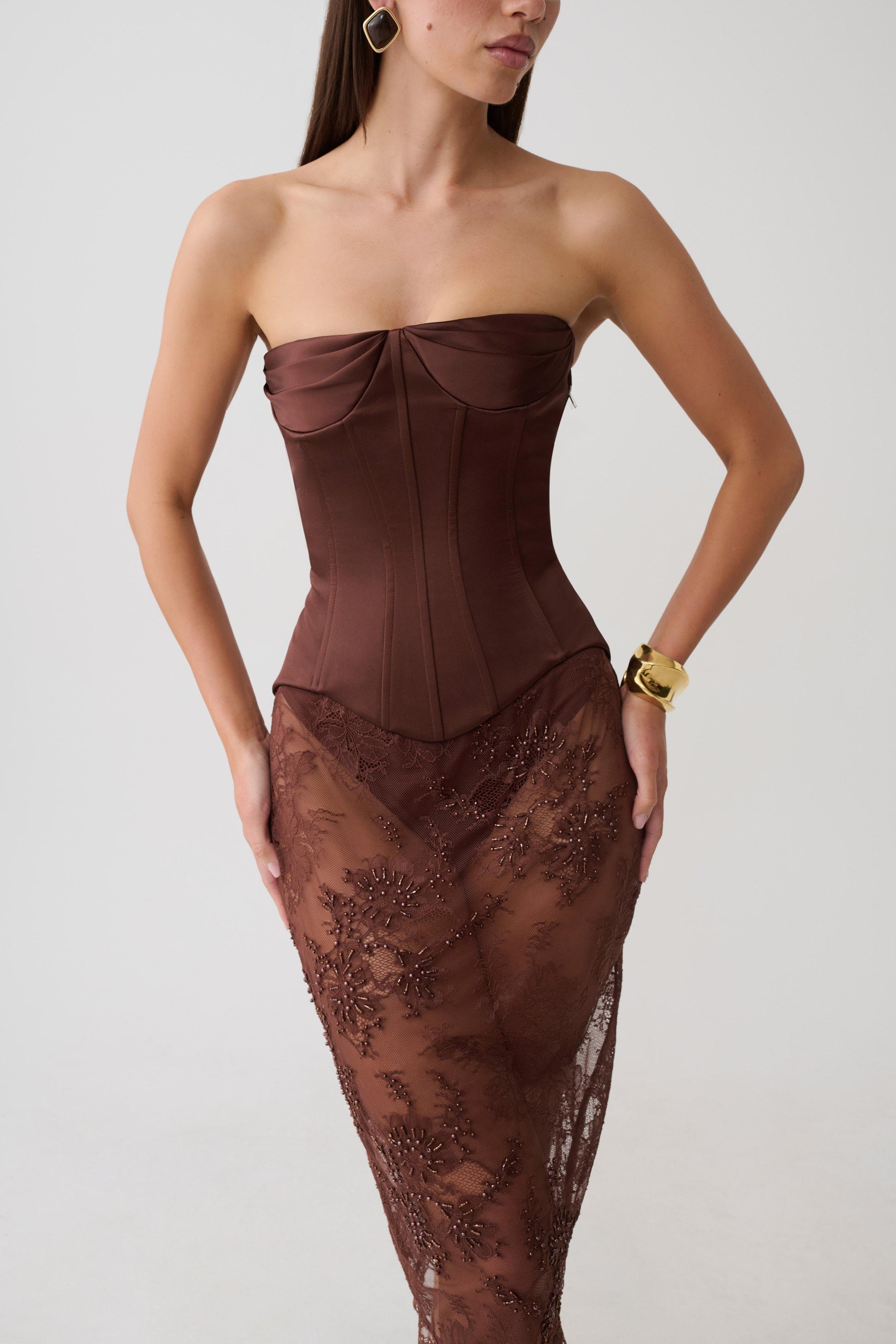Nicolla Satin Strapless Corset - Dark Chocolate #4