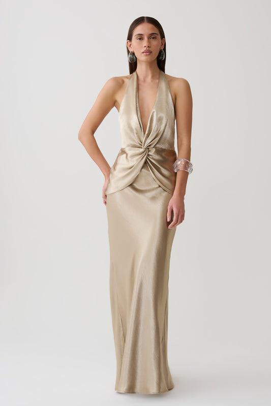Peyton V neck Satin Maxi Dress - Gold
