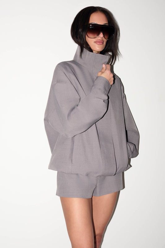 Jennie Funnel Neck Bomber Jacket - Light Grey Marle