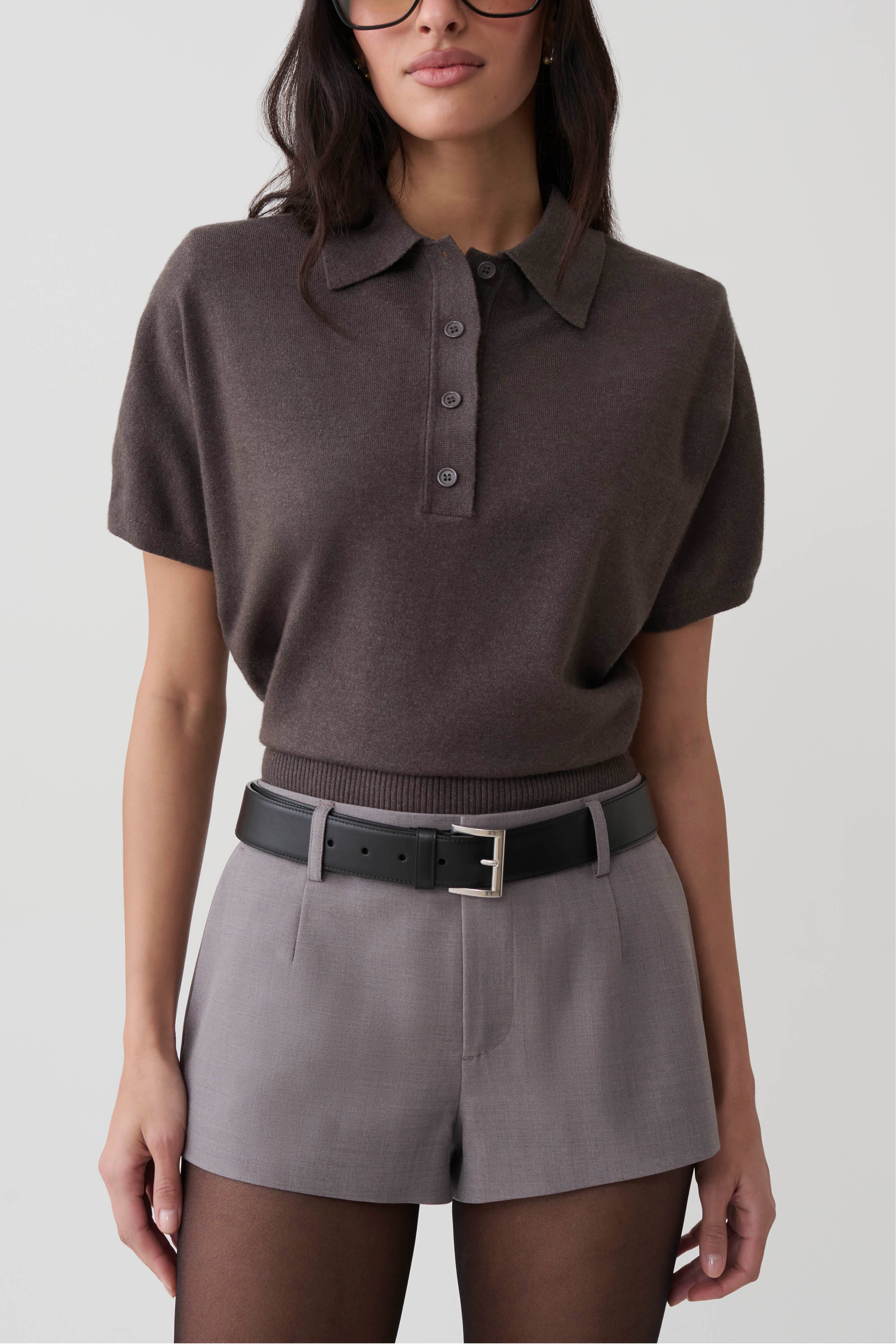 Shirin Knit Top With Shoulder Pads - Grey | MESHKI