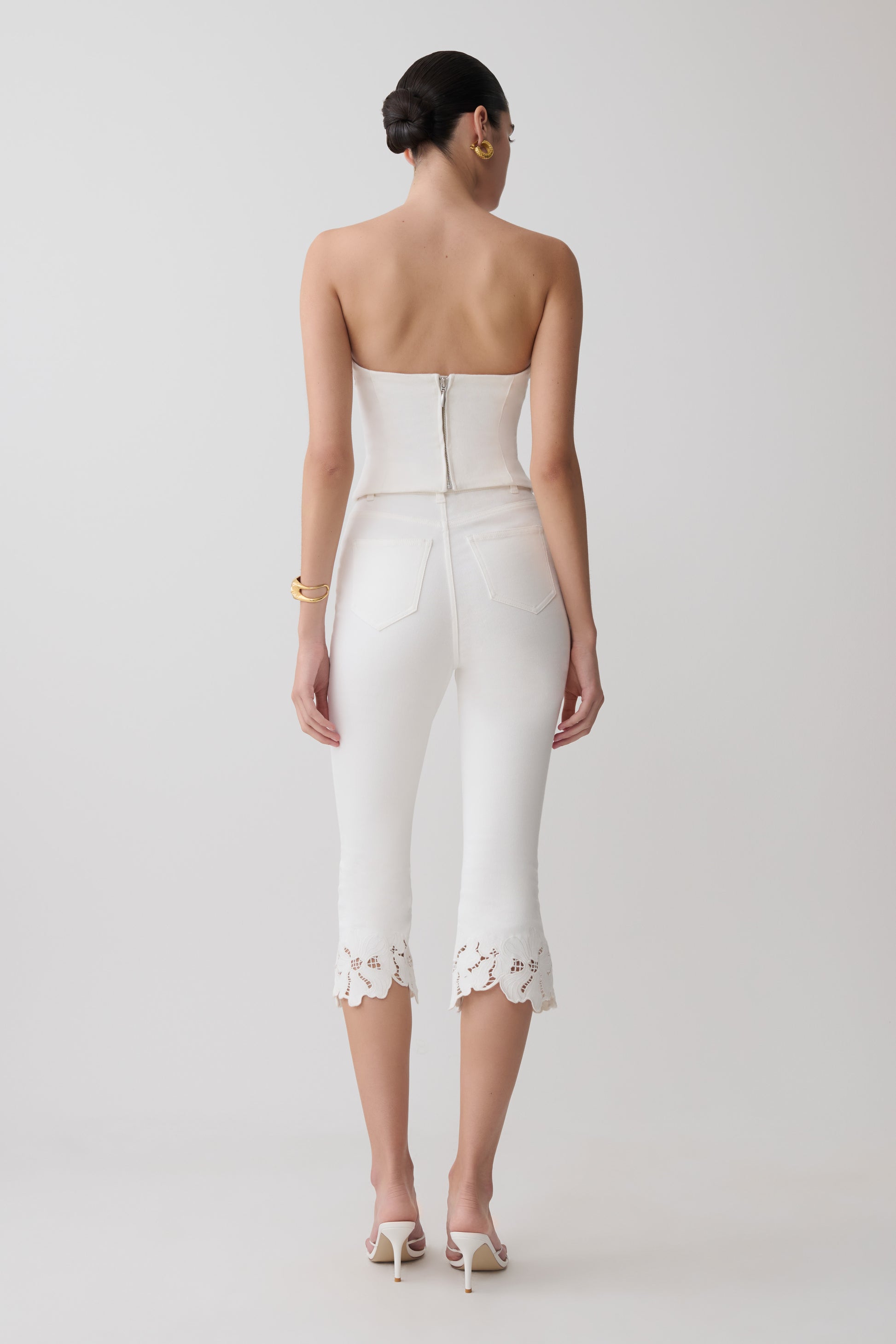 Tillie Flower Embroidery Strapless Denim Top - White #5