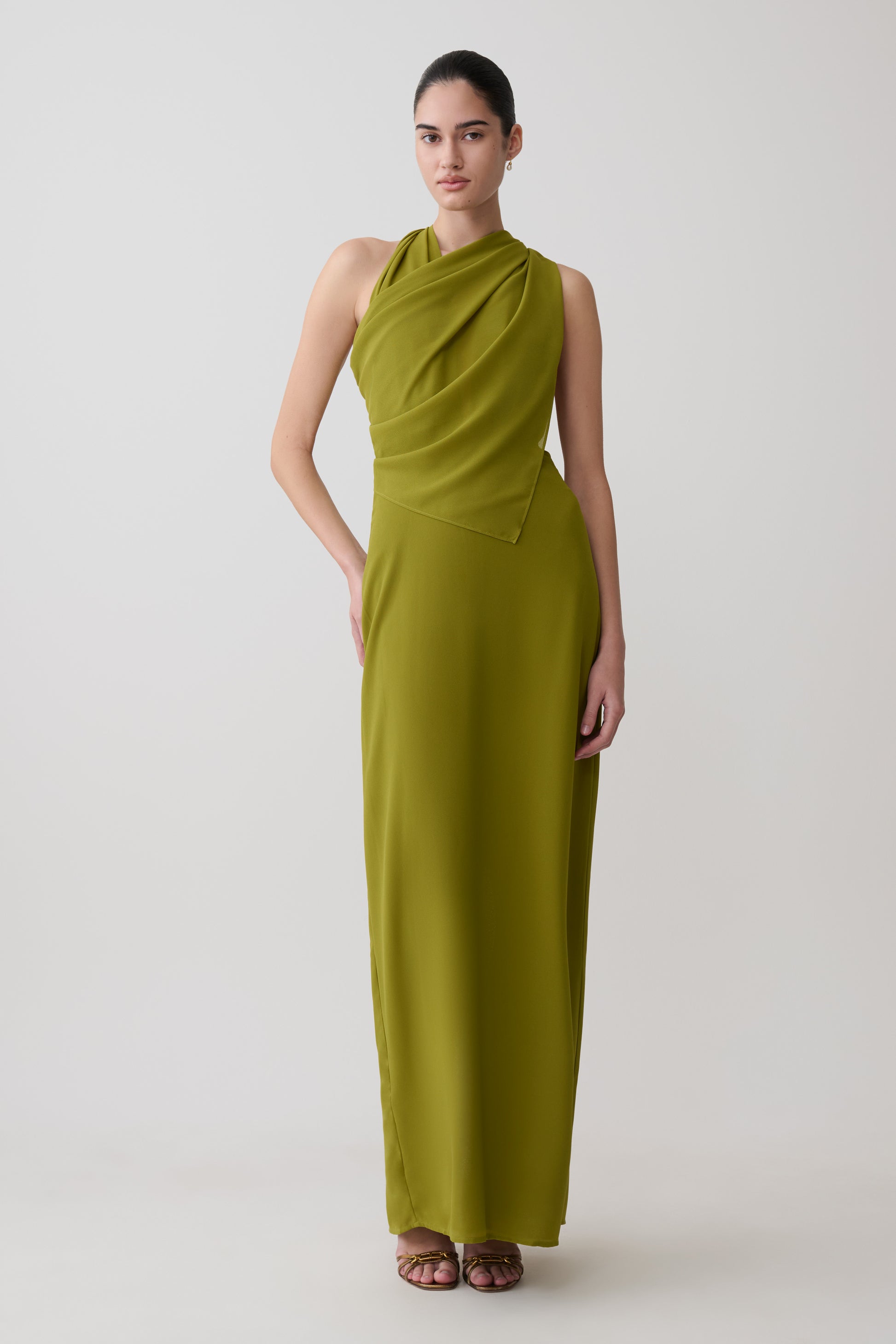 Gianna Satin Halter Maxi Dress - Olive #9