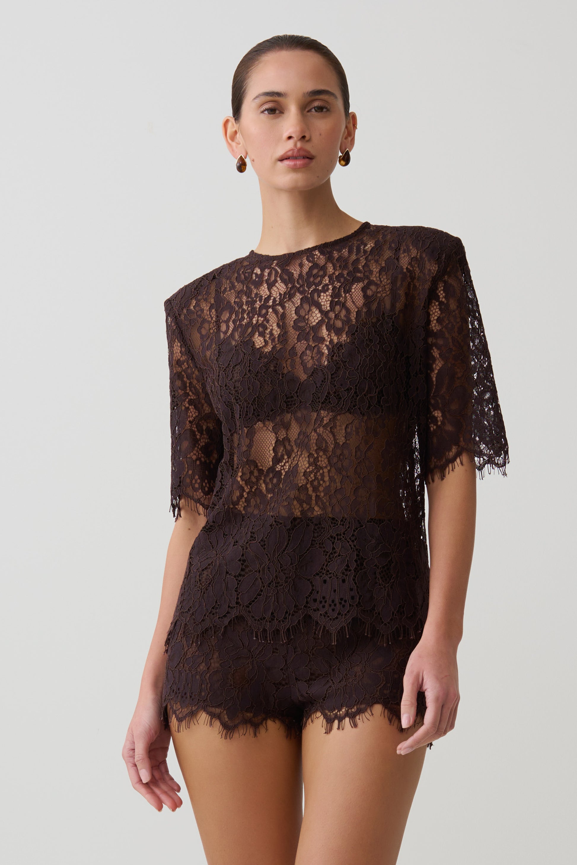 Harlyn Shoulder Pad Short Sleeve Lace Top - Dark Chocolate #3