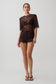 Woman wearing  dark brown shoulder pad short sleeve lace top with matching mini shorts.