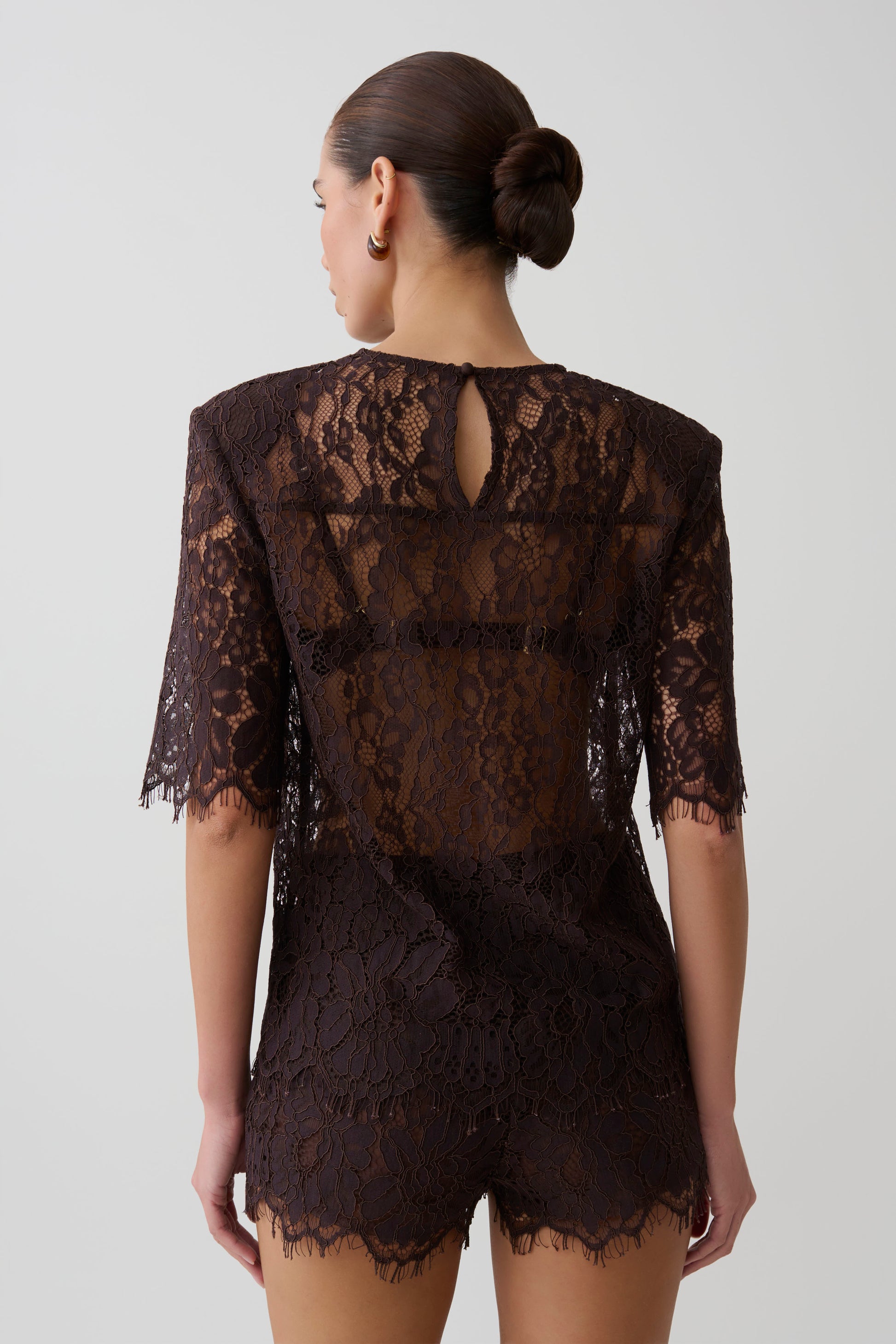 Harlyn Shoulder Pad Short Sleeve Lace Top - Dark Chocolate #2
