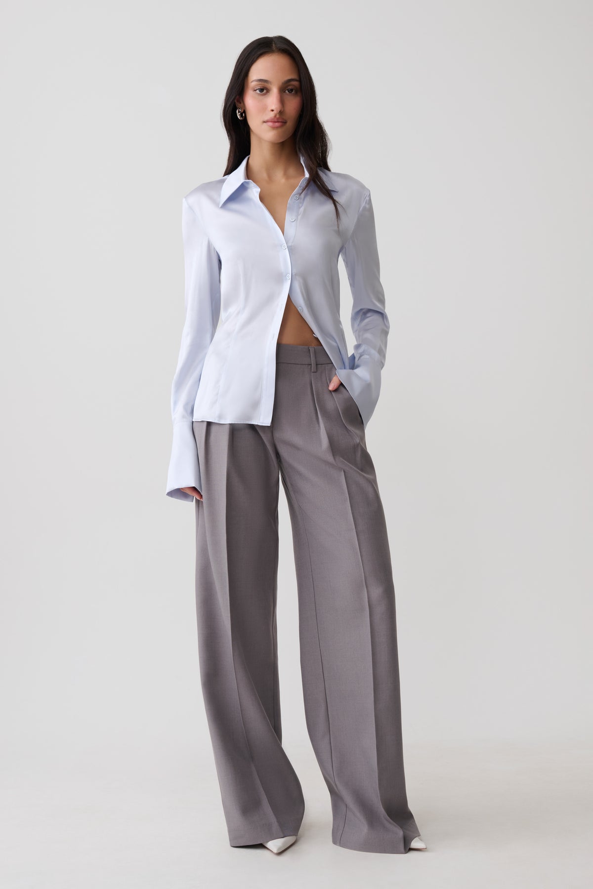 Queenie Silk Long Sleeve Shirt - Ice Blue