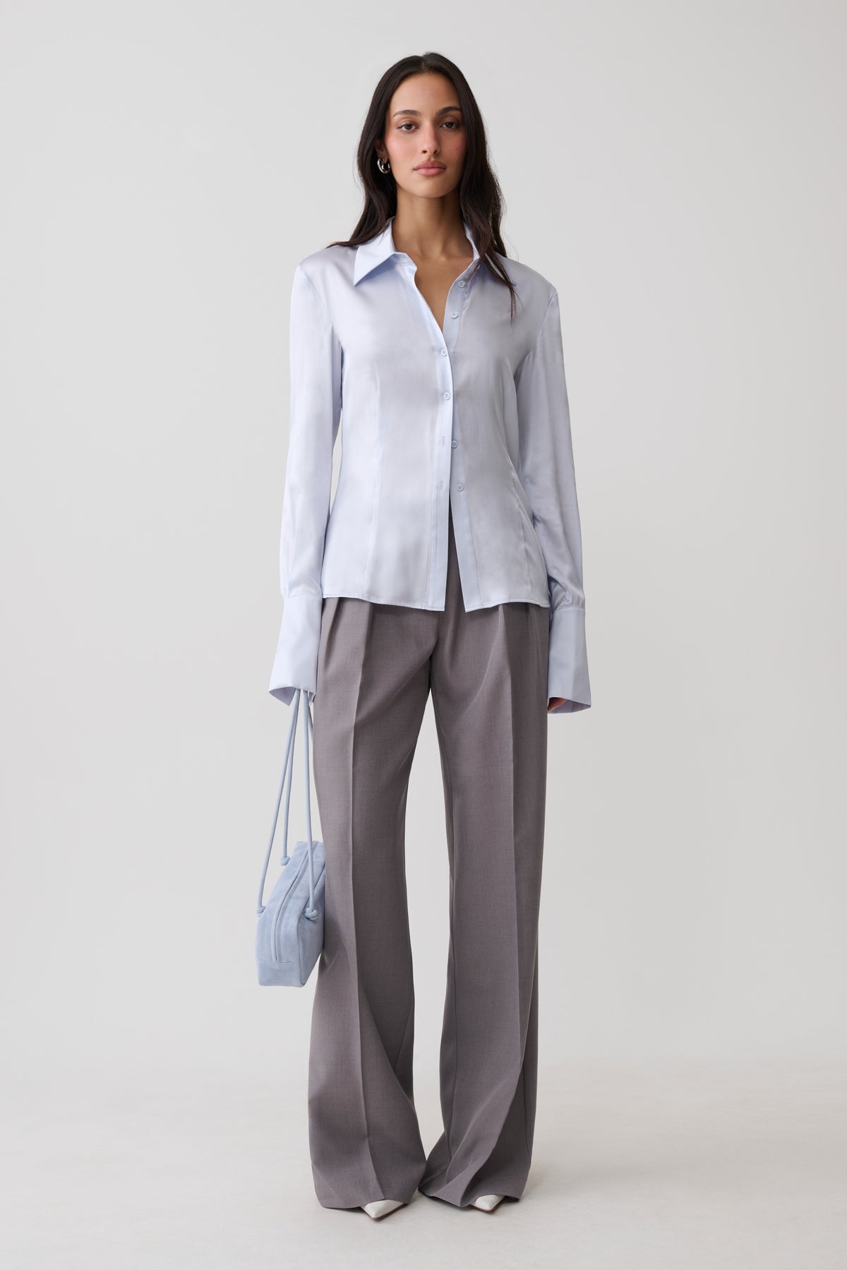 Queenie Silk Long Sleeve Shirt - Ice Blue
