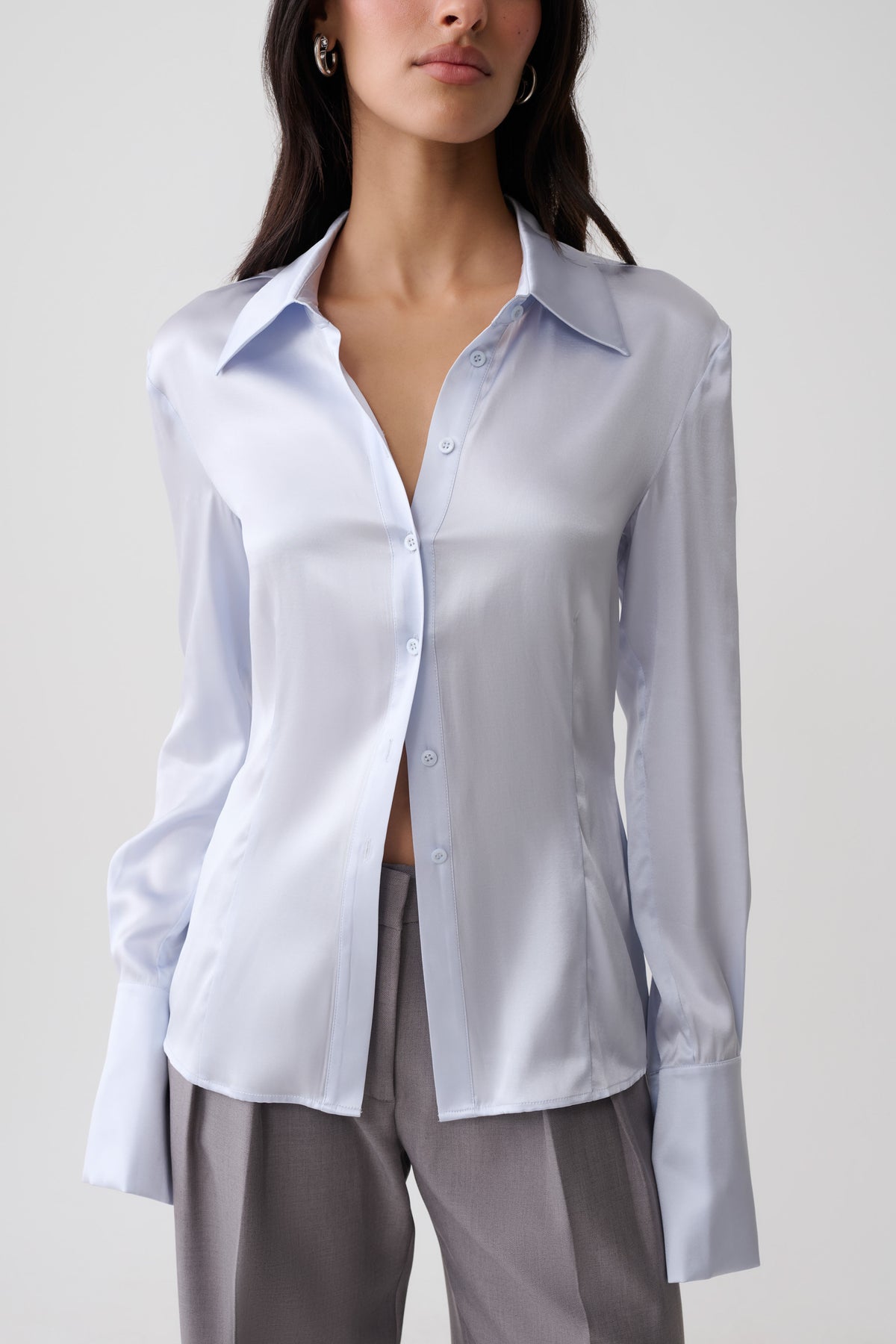 Queenie Silk Long Sleeve Shirt - Ice Blue