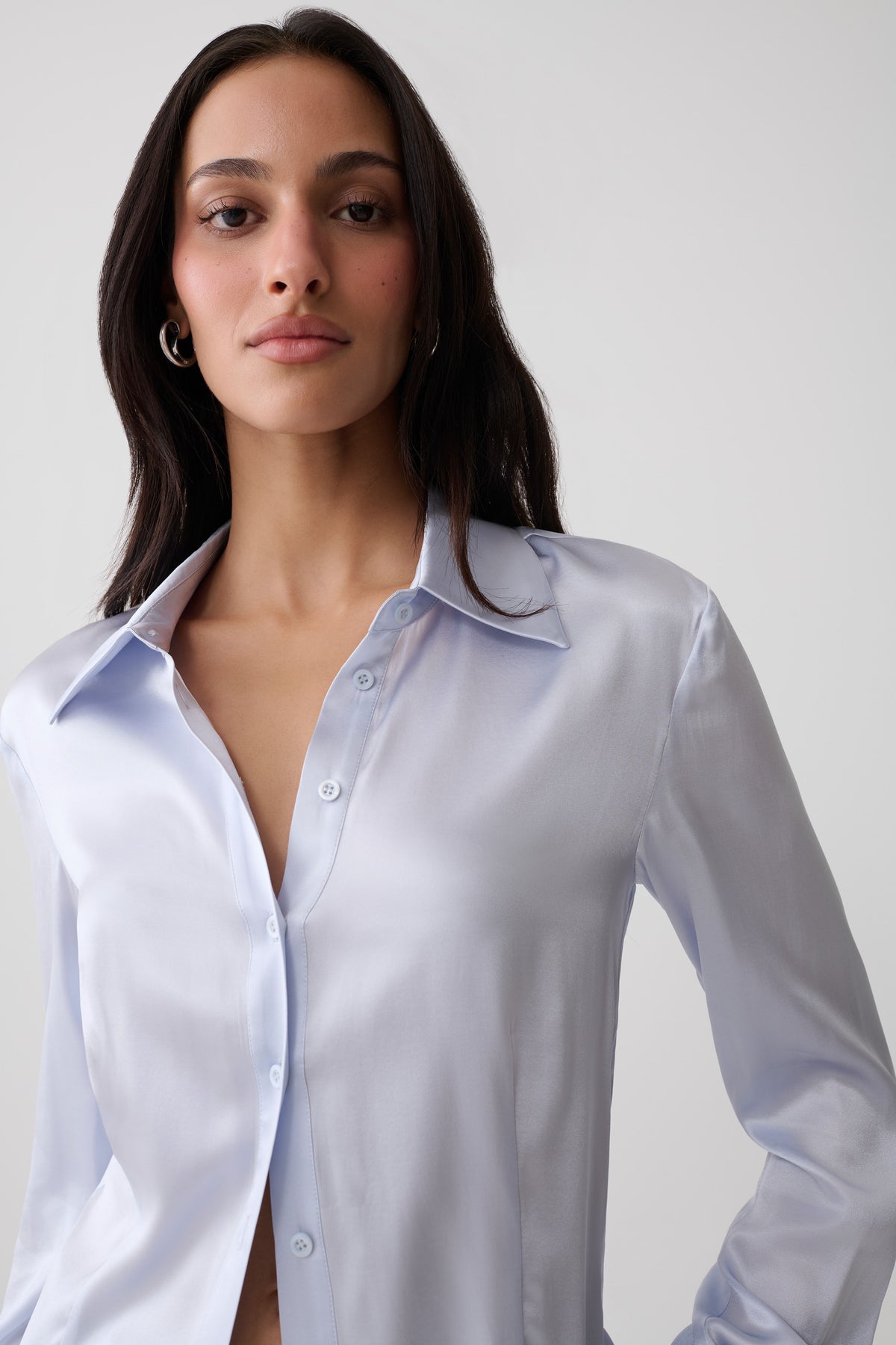 Queenie Silk Long Sleeve Shirt - Ice Blue