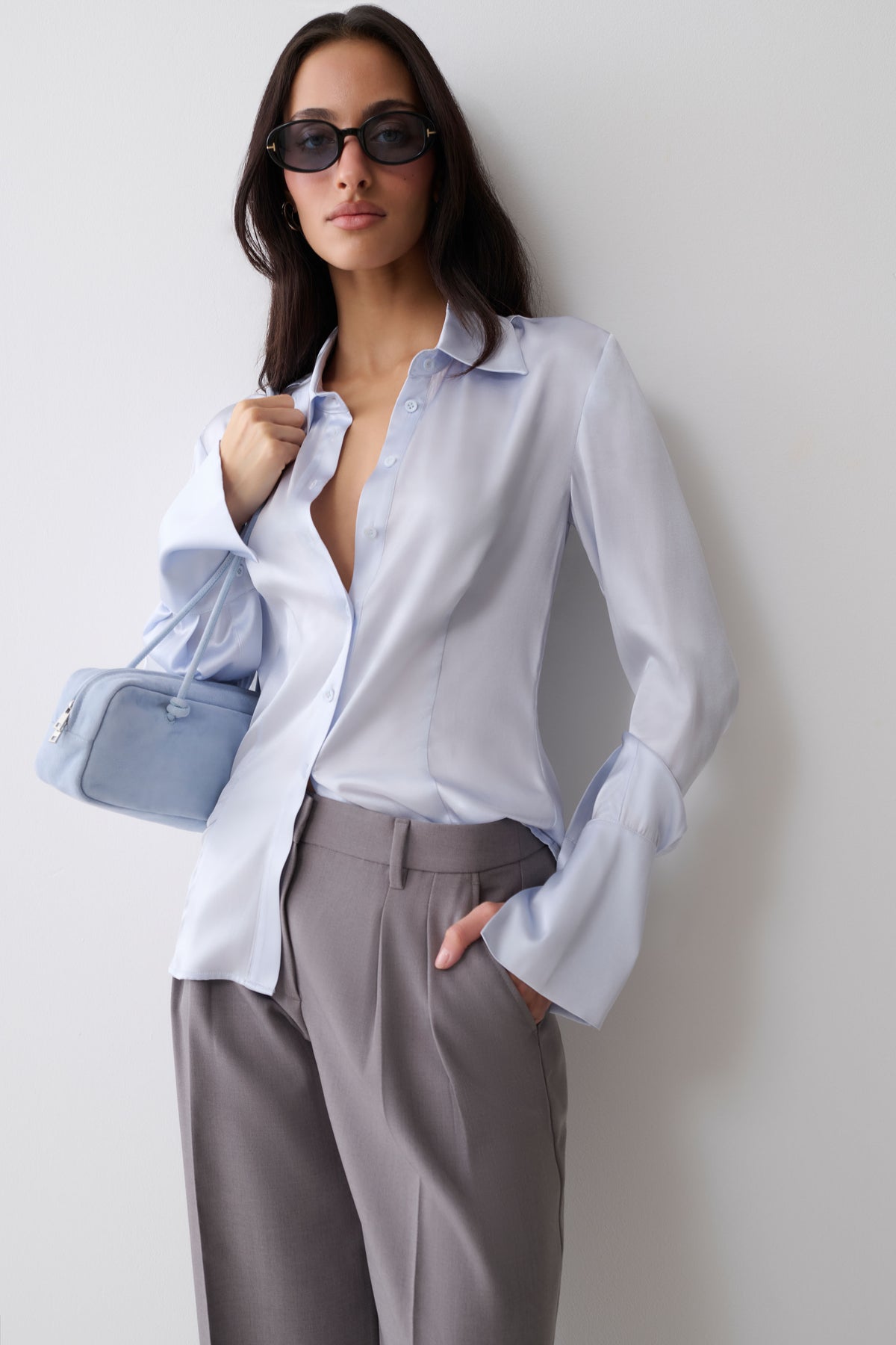 Queenie Silk Long Sleeve Shirt - Ice Blue #3