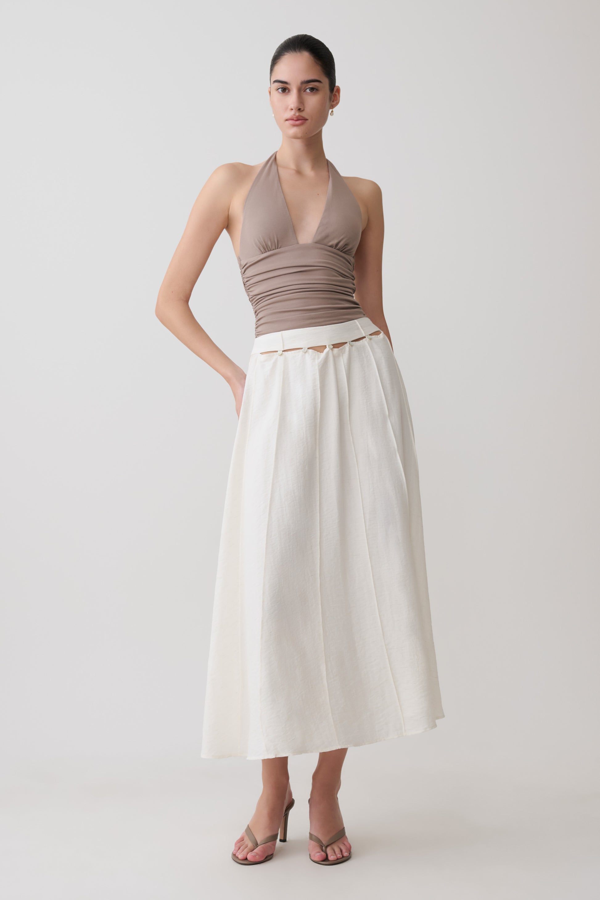 Claire Pearl Button Midi Skirt - White #4