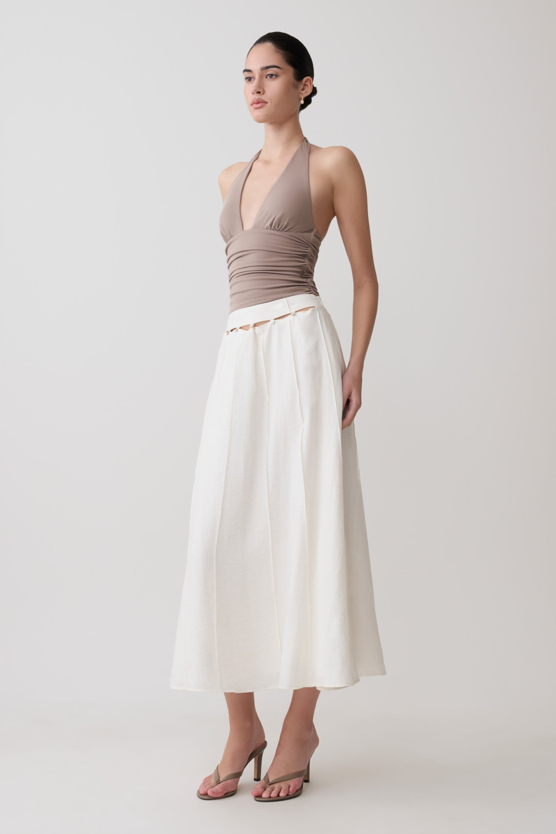 Claire Pearl Button Midi Skirt - White #5