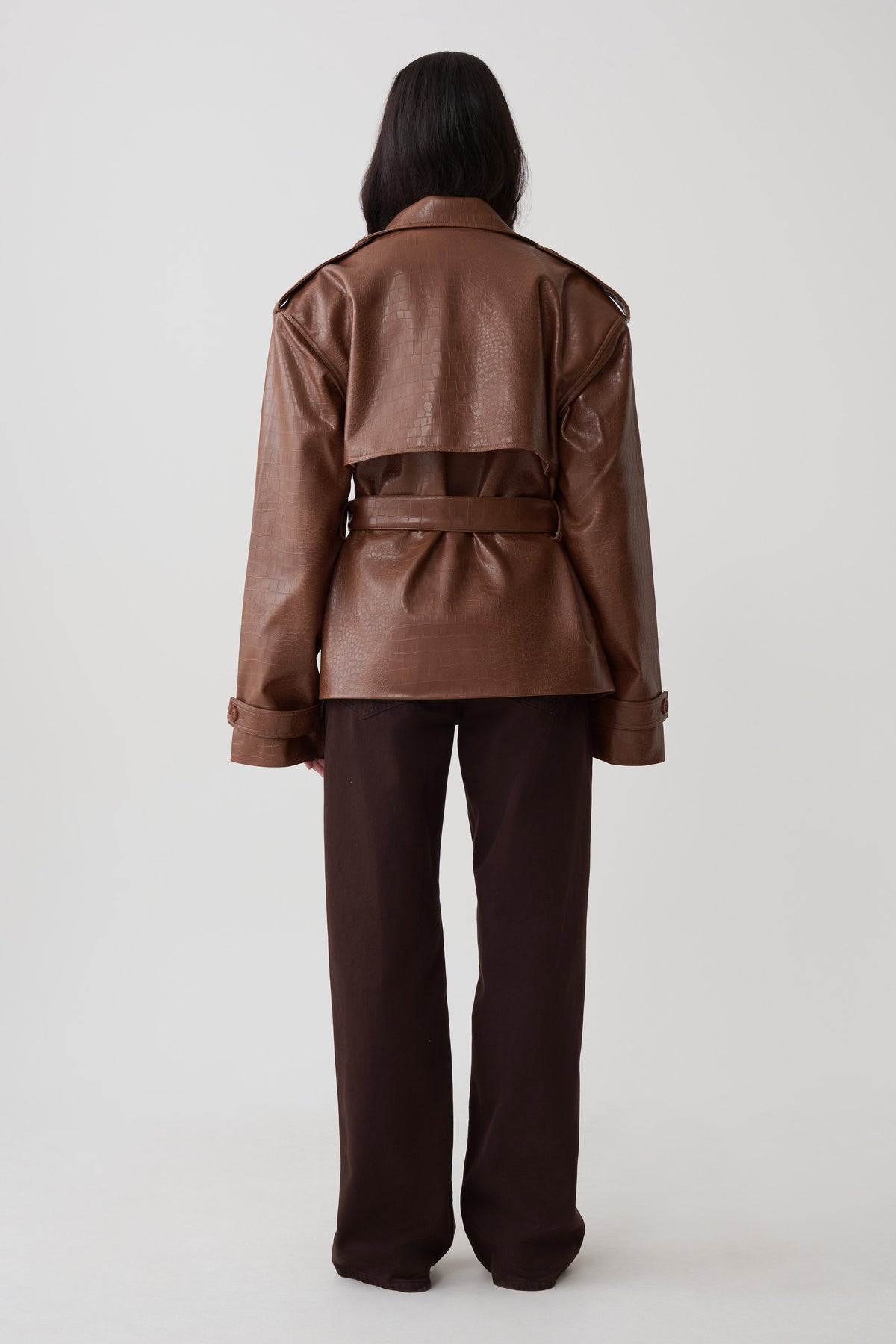 Jamie Funnel Neck Croc Faux Leather Trench - Cognac #4
