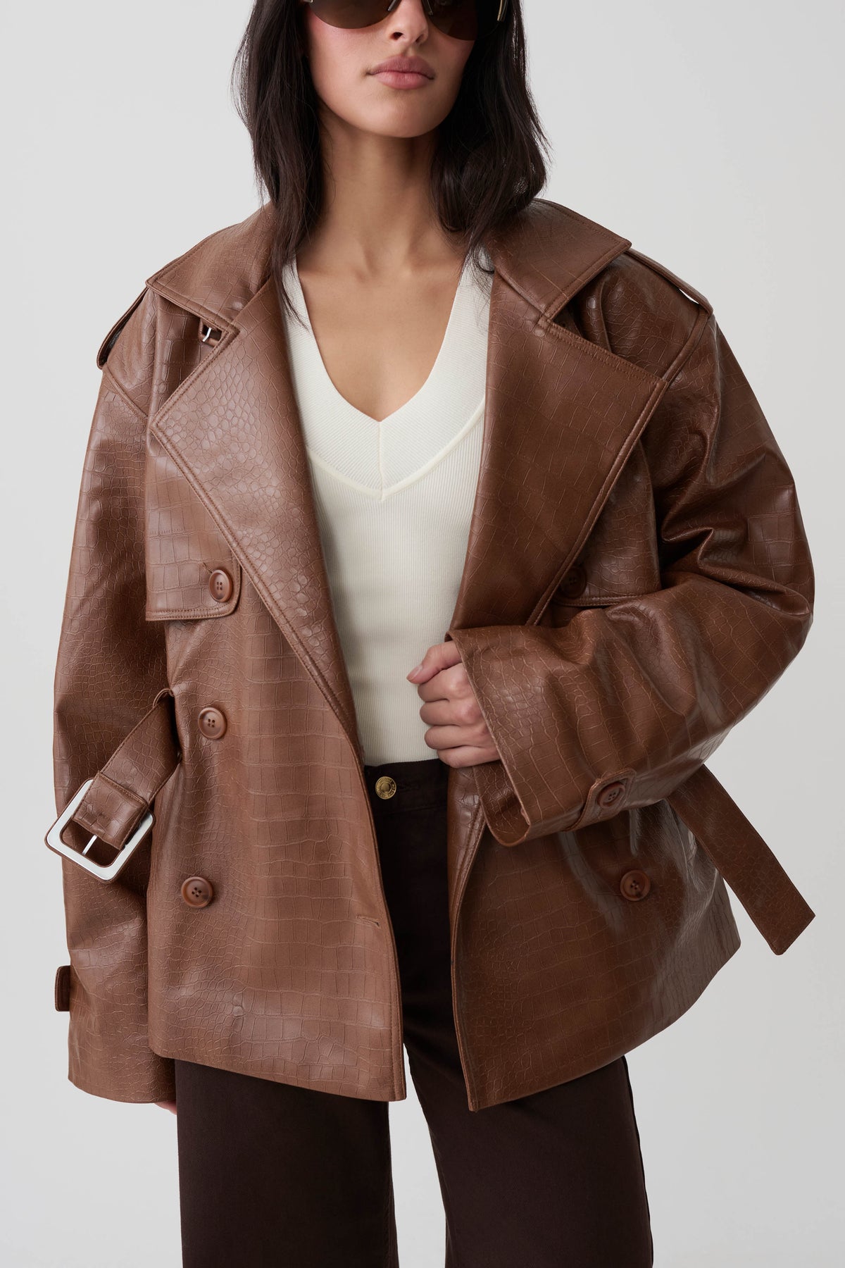 Jamie Funnel Neck Croc Faux Leather Trench - Cognac #3
