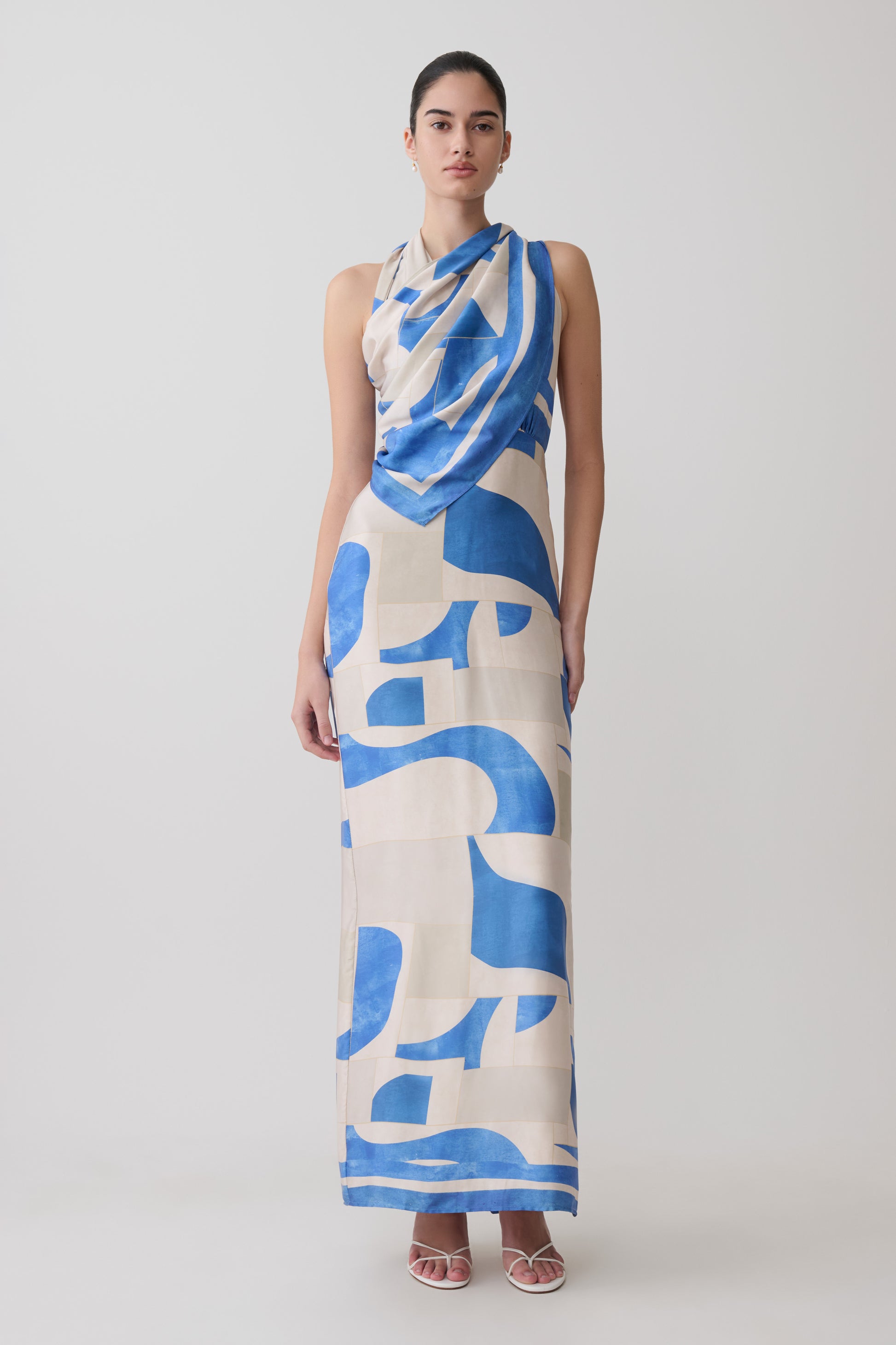 Gianna Satin Halter Maxi Dress - Blue Geo Tile Print #9